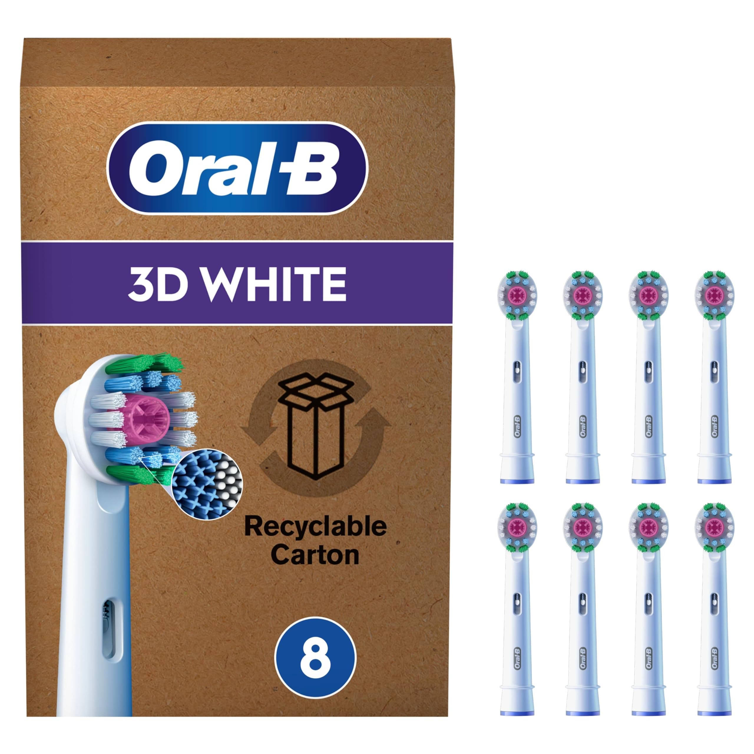 Oral-B Pro 3D White Cabezales De Recambio ORIGINALES para Cepillo Eléctrico Oral B Pro, Pack De 8 Recambios Blancos Con Copa Pulidora Para Eliminar Manchas, Efecto Blanqueador, Tamaño Buzón