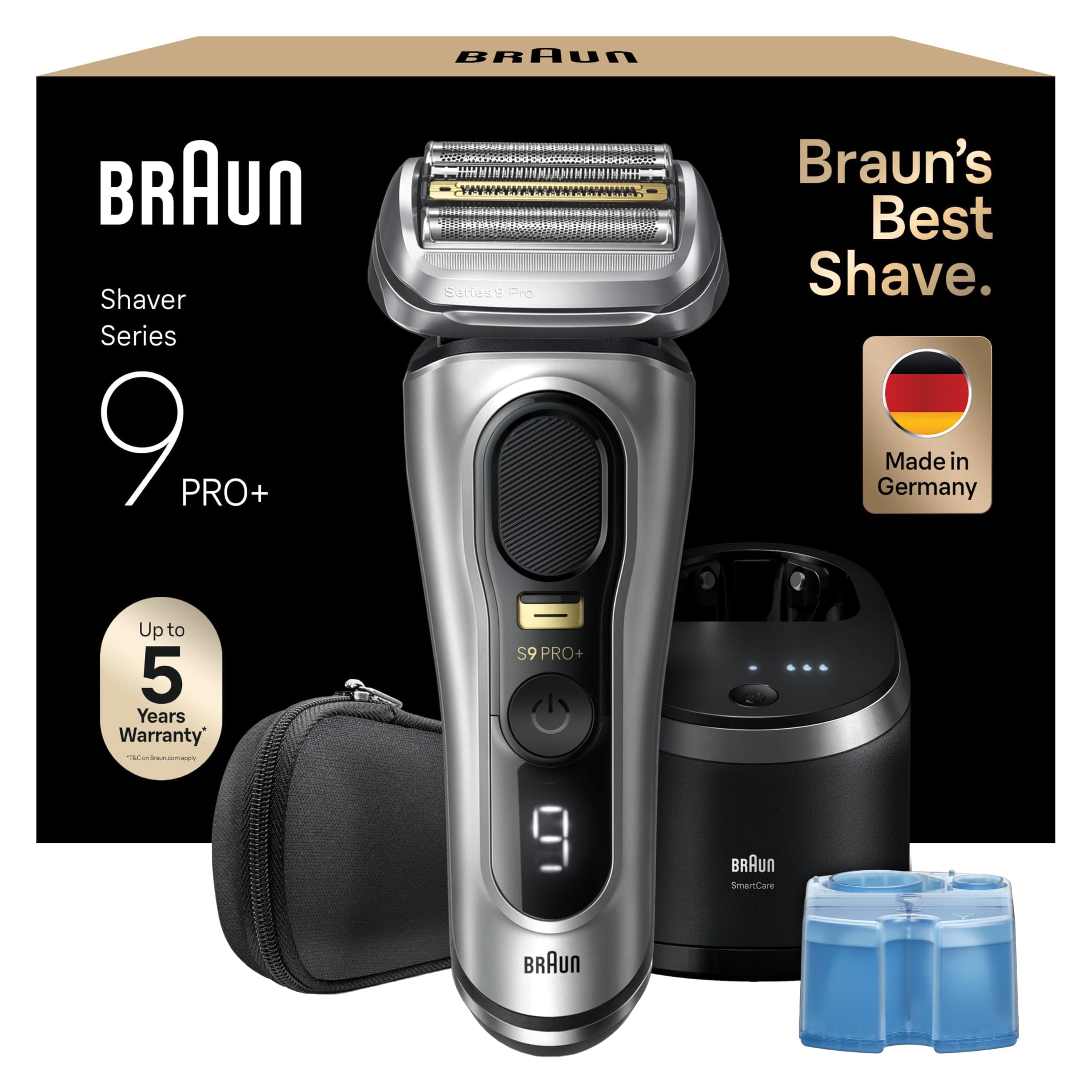 Braun Series 9 Pro+ Rasierer Herren Elektrisch, Elektrorasierer mit 5 Pro Rasierelementen, Rasierapparat ProTrimmer & Reinigungsstation, 60 Min Laufzeit, Made in Germany, 9567cc, Silber