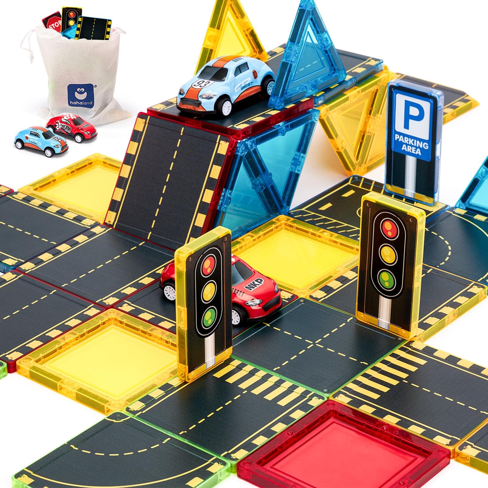hahaland Construcciones Magneticas Niños - Bloques Magneticos Construccion Niños 38 Piezas, Caminos de Ciudad con 2 Coches Juguetes Niño 3 4 5 6 7 8 años