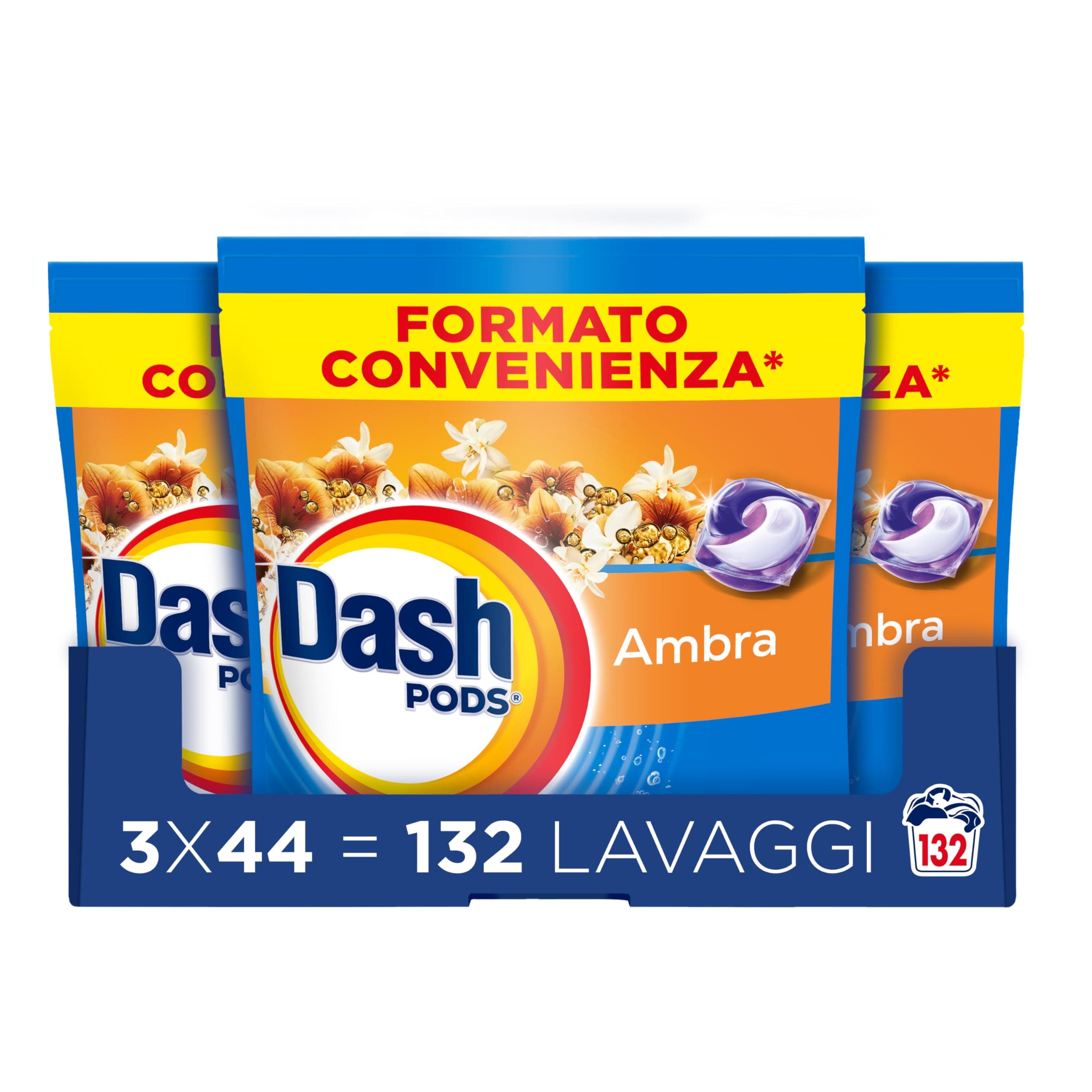 Dash Pods Detersivo Lavatrice In Capsule, 132 Lavaggi (3x44), Ambra, Rimuove le Macchie, Igienizza, Dona Freschezza, Brillantezza Per I Capi