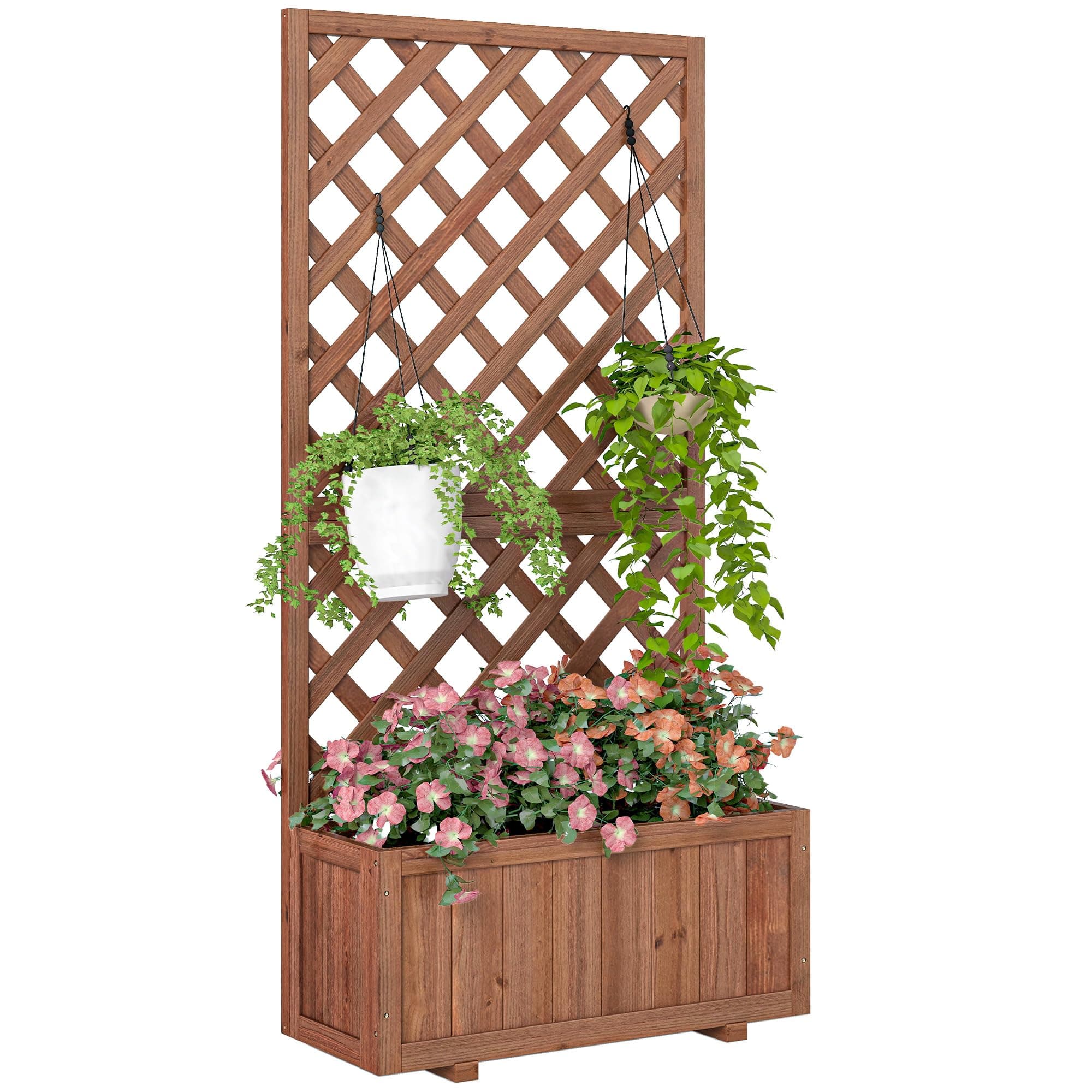 Outsunny Jardinière avec Treillis - bac à Fleurs - lit surélevé de Jardin - dim. 72,5L x 31,5l x 149,5H cm Inserts d'irrigation Inclus Bois de Sapin pré-huilé
