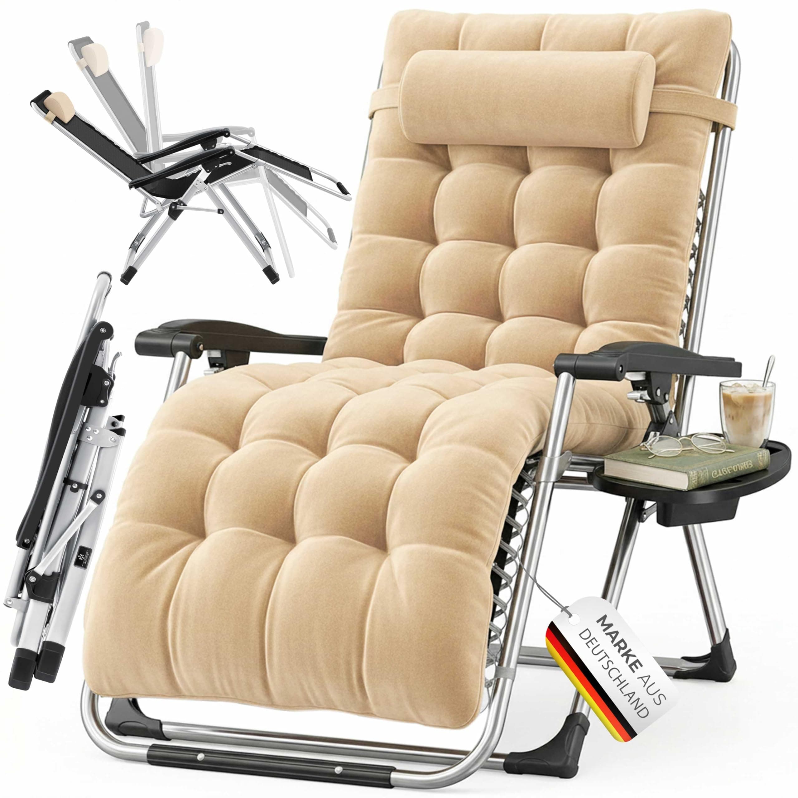 KESSER® Sonnenliege Liegestuhl Klappbar & Wetterfest, Gartenstuhl Belastbar 200kg Ergonomisches Polster Extra Breit Verstellbare Rückenlehne Gartenliege inkl. Nackenkissen & Getränkehalter, Beige