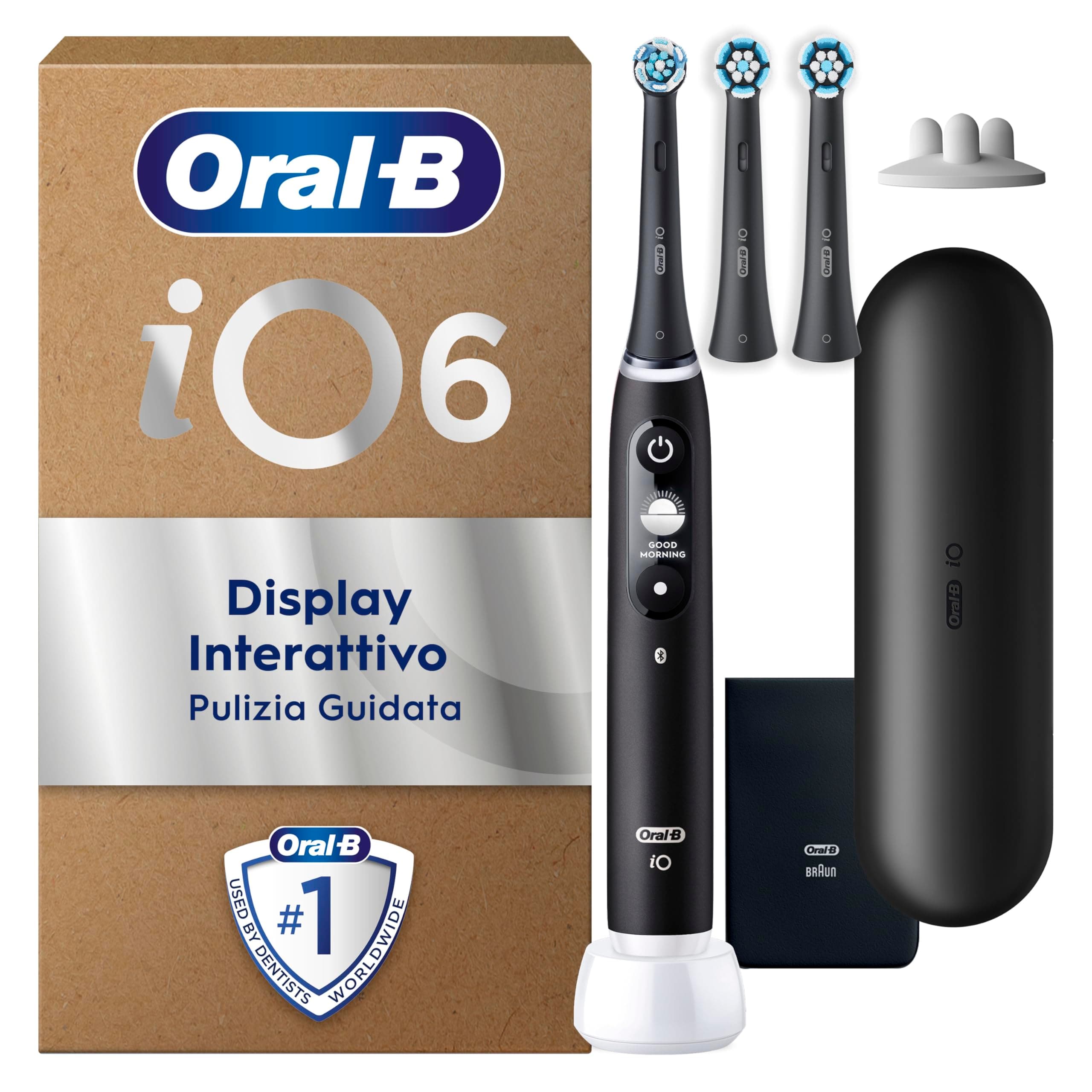 Oral-B iO 6 Spazzolino Elettrico Ricaricabile Nero, 3 Testine Di Ricambio, Custodia Da Viaggio. 1 Spazzolino Elettrico Oral B, 3 Testine Autentiche di Ricambio, Pulizia Denti Efficace