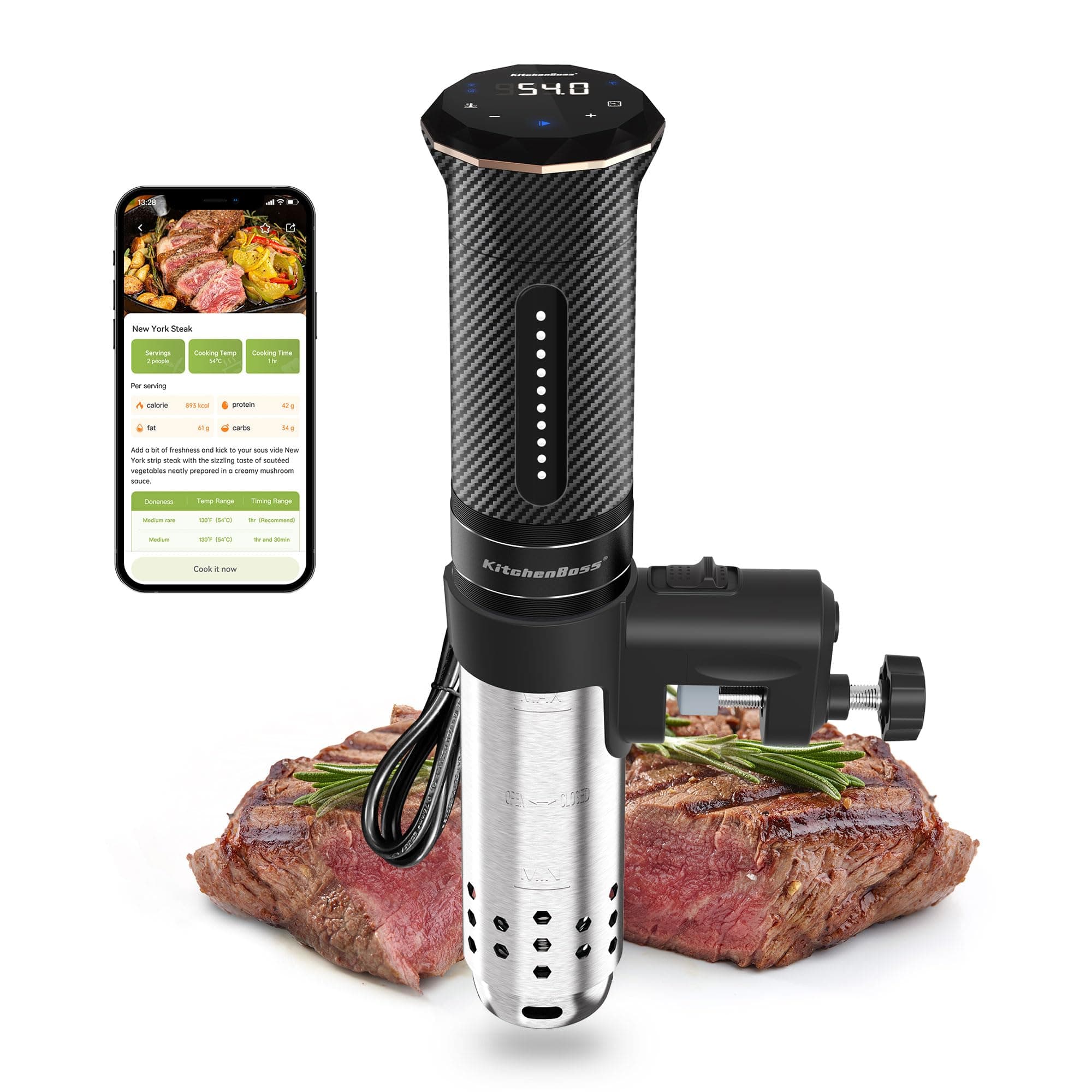 KitchenBoss WiFi Sous Vide Roner：Wi-Fi Roner Cucina a Bassa Temperatura con Controllo APP e Controllo Accurato Della Temperatura, LED Display, Ultra-Silenzioso, Impermeabilità IPX7, 1100W 40℃-90℃