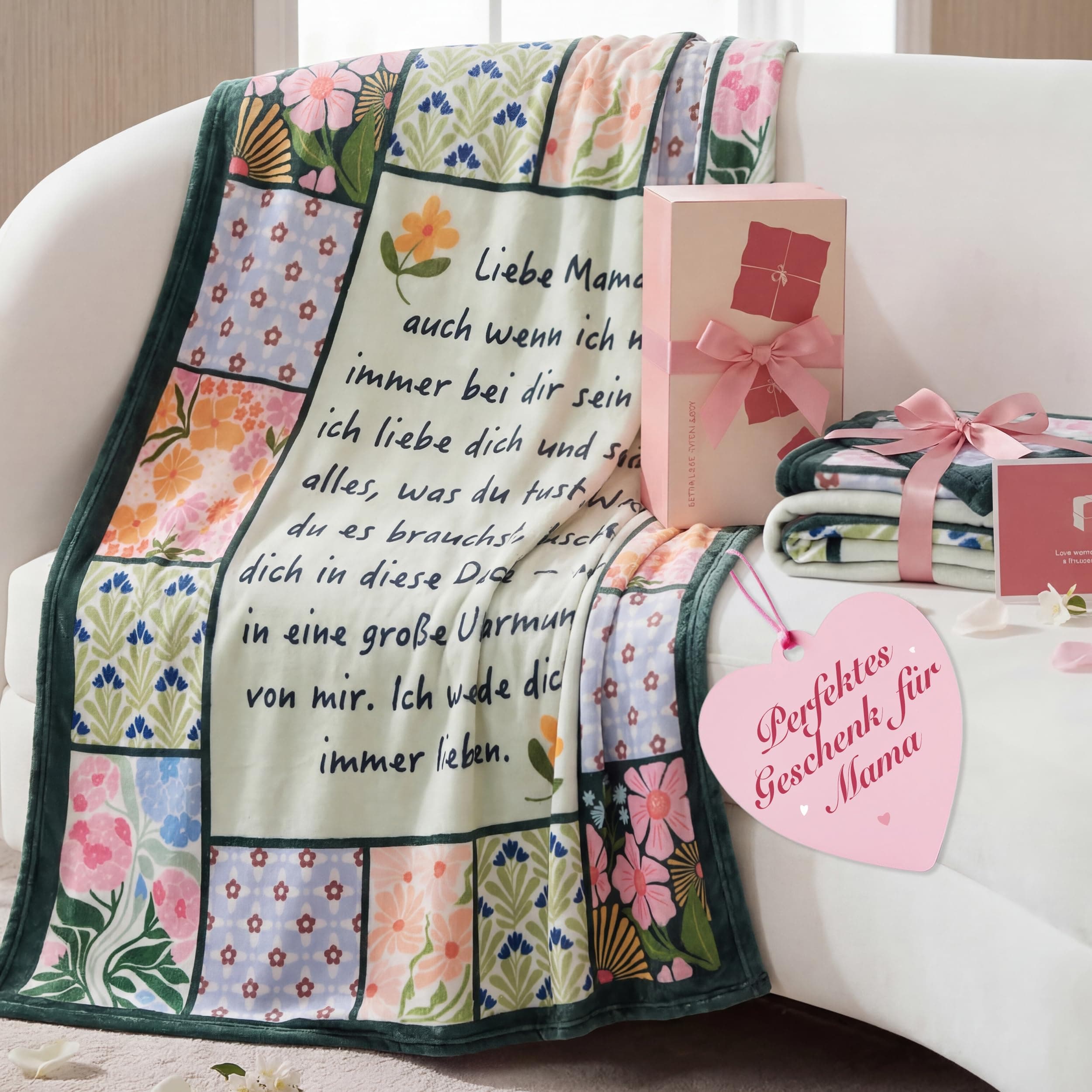 BEDSURE Kuscheldecke Geschenke für Frauen - Deko Decke für Mama & Oma - Weiche Flauschige Fleecedecke, Geschenk für Muttertag, Vatertag, Geburtstag - Throw 130x150 cm Reisegrün Patchwork