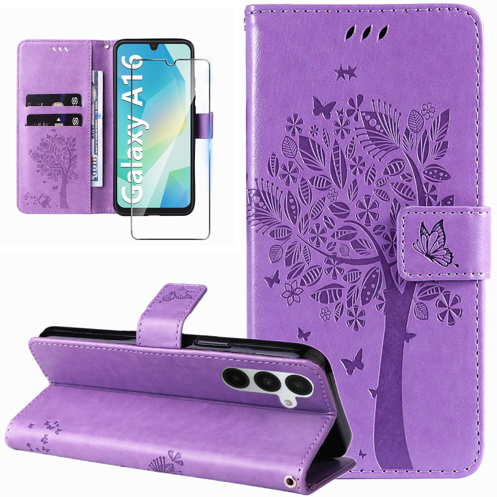 Dcjlbo Cover per Samsung Galaxy A16 4G/5G Custodia Cover in Pelle Portafoglio a Libro con Pellicola Vetro Temperato Porta Carte Cover Flip Case Antiurto Custodia per Samsung A16 4G/5G-Viola