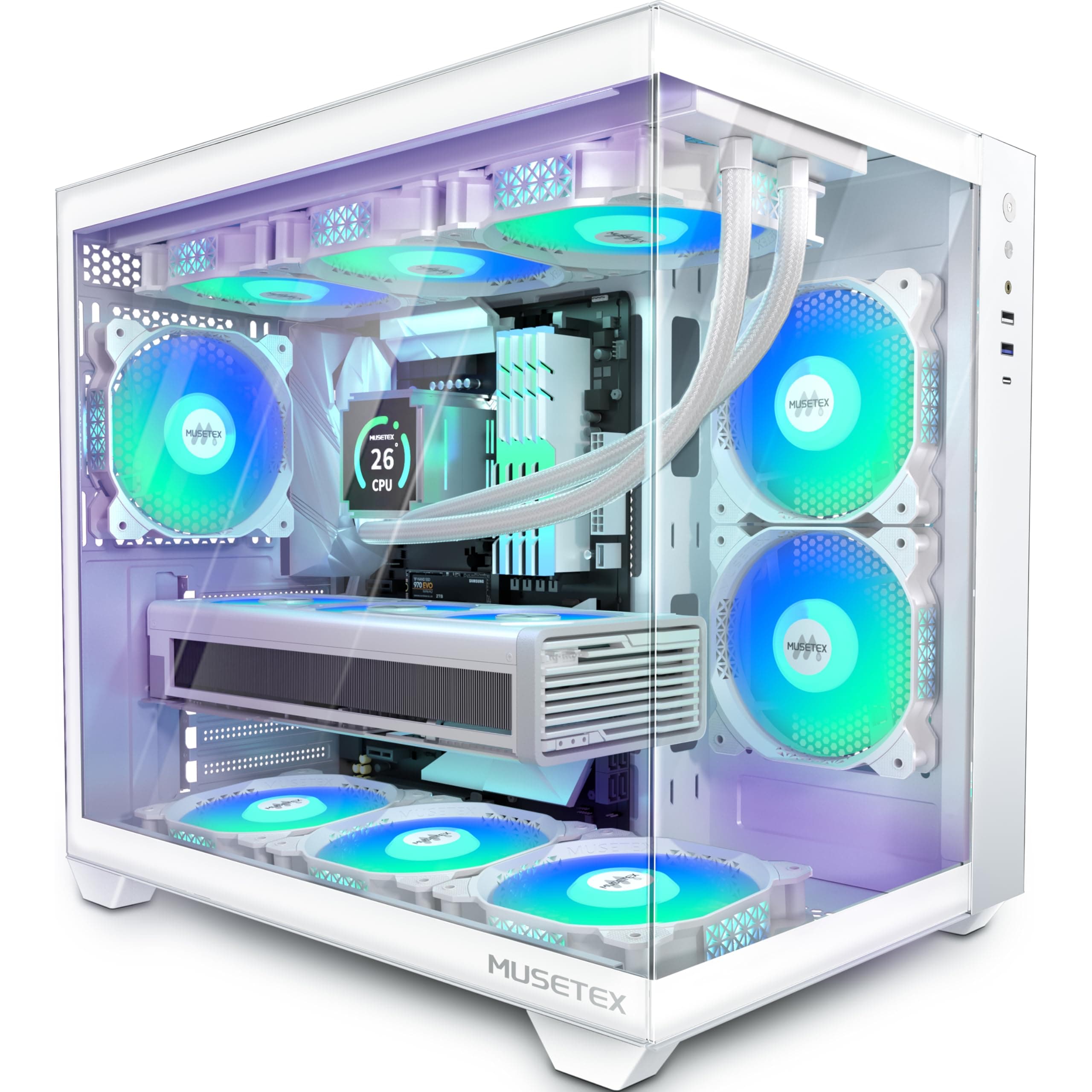 MUSETEX Caja PC ATX,6 Ventiladores PWM ARGB Pre-Instalados,Soporte 360MM RAD,Tipo-C Gaming 270° Vista Completa Cristal Templado Mid Tower Blanco Puro Caja ATX,Y6