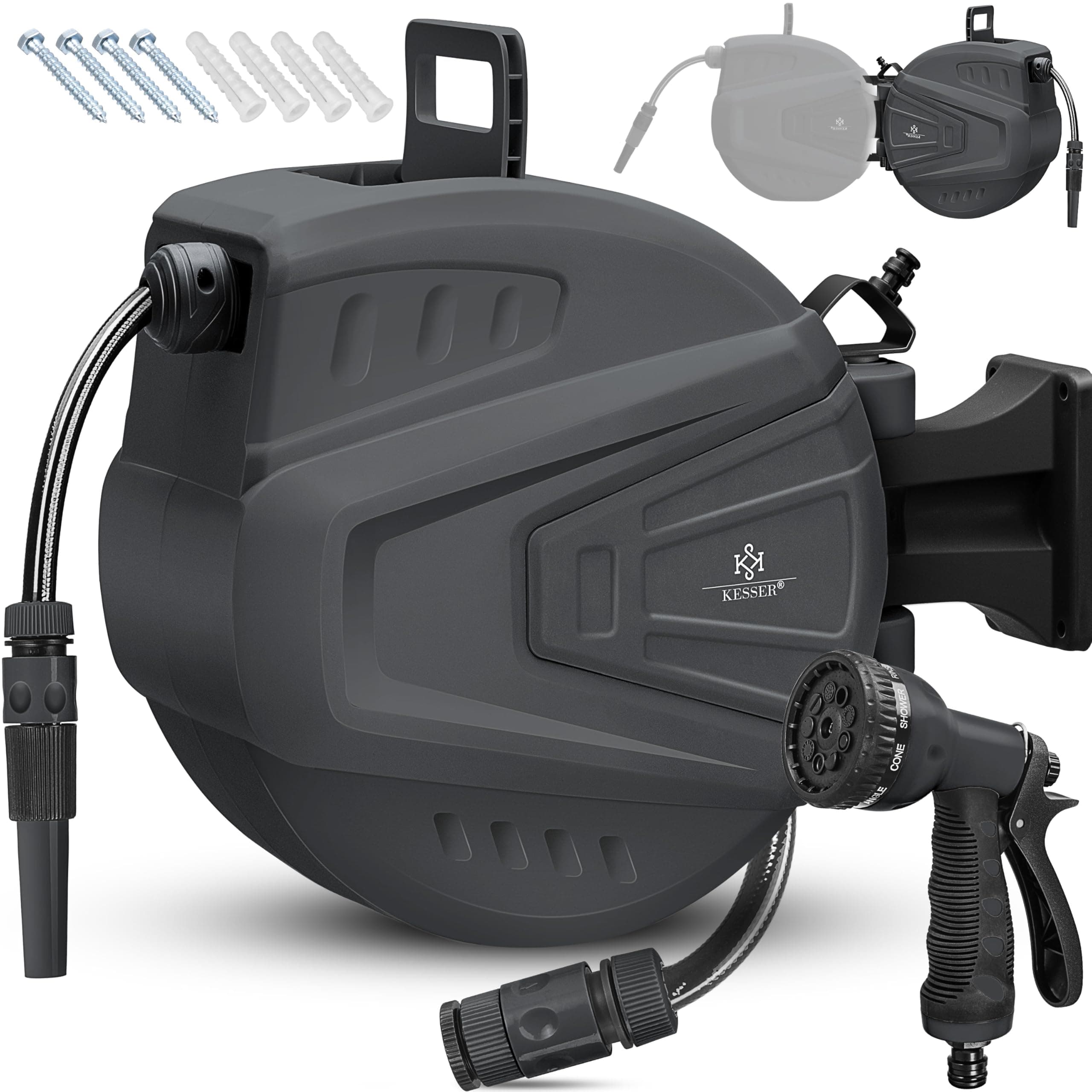 KESSER® automatische Schlauchtrommel 15 m + 2 m, Wand Schlauchbox mit Aufrollautomatik, Schlauchaufroller mit Gartenschlauch, 180° schwenkbar + Multi Handbrause mit 9 Modi, inkl. 2 Aufsätze, Anthrazit