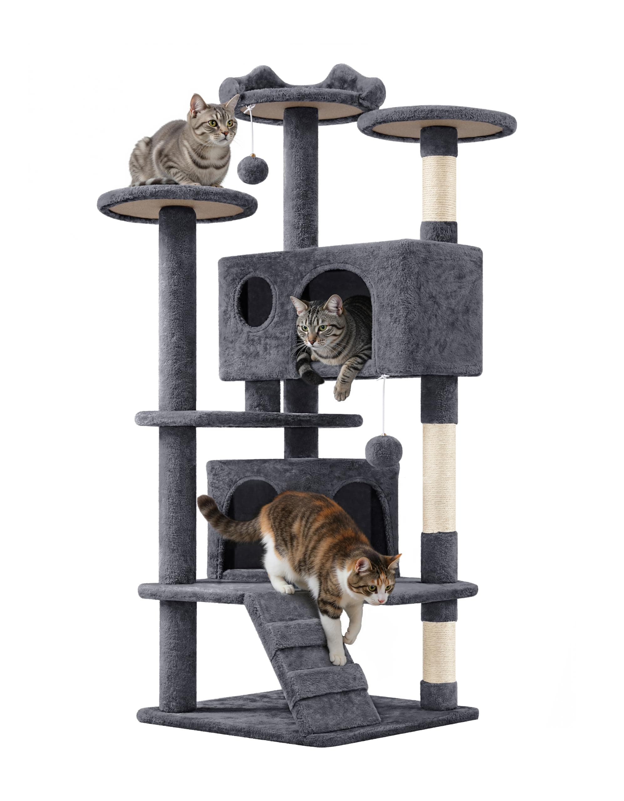 Yaheetech Árbol Rascador para Gatos 139cm con 3 Plataformas 2 Nidos 2 Pompones Torre de Escalador con Postes en Sisal Ideal para 3-4 Gatos Gris Oscuro