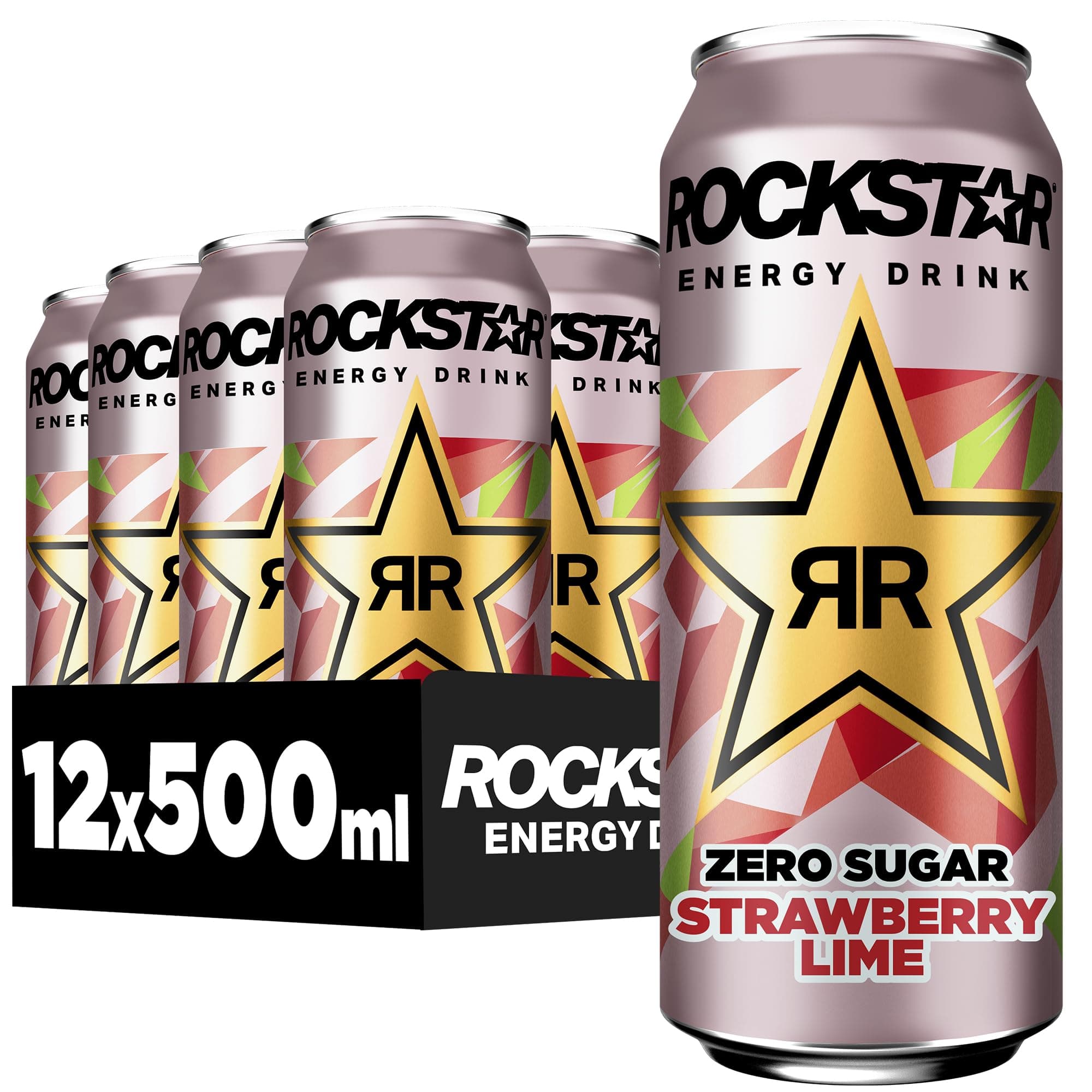 Rockstar Energy Drink Strawberry Lime Geschmack - Zero Sugar -Koffeinhaltiges Erfrischungsgetränk ohne Zucker für den Energie Kick, EINWEG (12 x 500ml) (Verpackungsdesign kann abweichen)