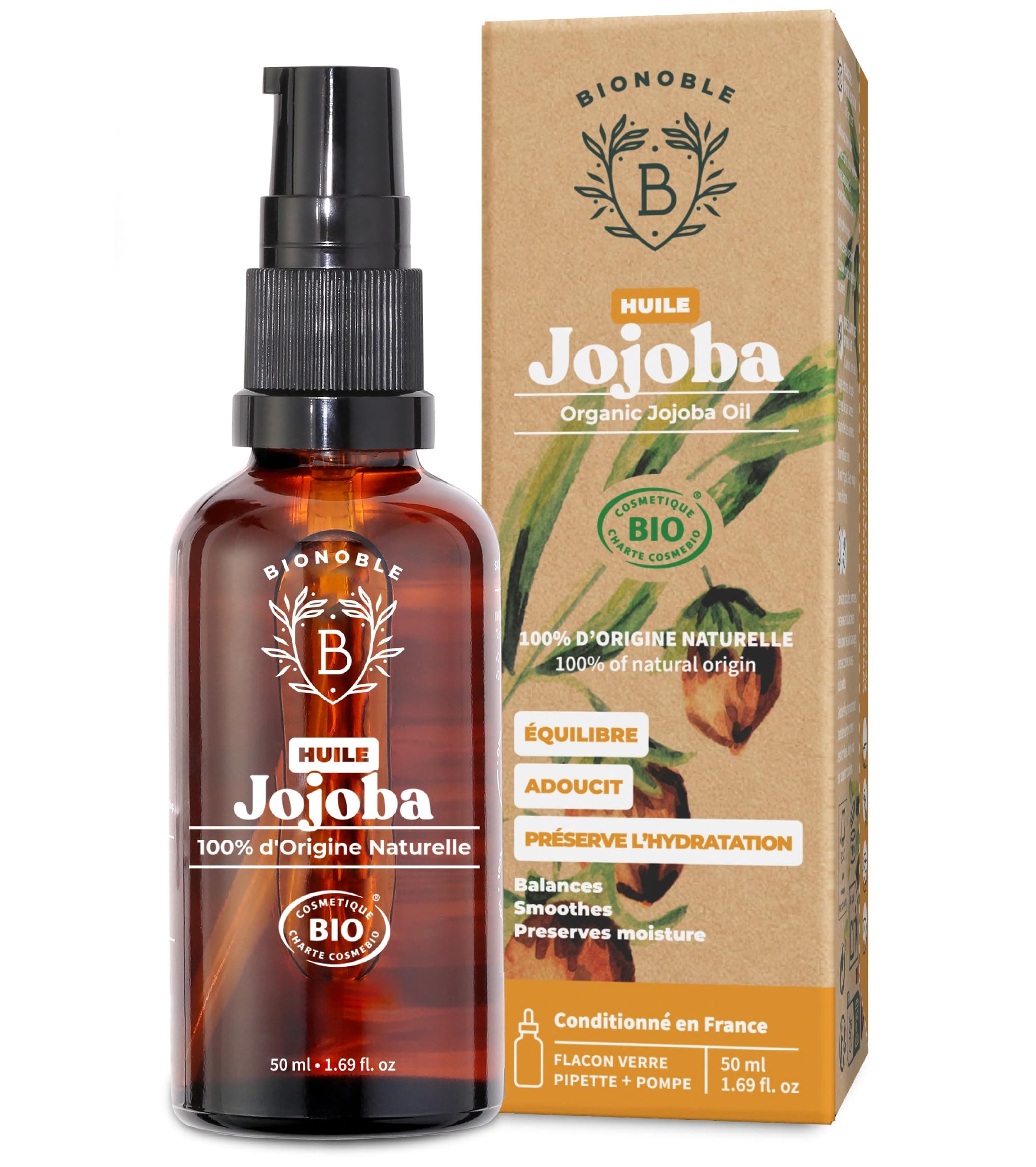 BIONOBLE Huile de Jojoba Bio Pressée à Froid 100% Pure - Équilibre le Sébum, Adoucit, Anti-Acné - Huile Jojoba Cheveux, Visage et Corps - Vegan Oil - Flacon Verre avec Pompe et Pipette - 50ml
