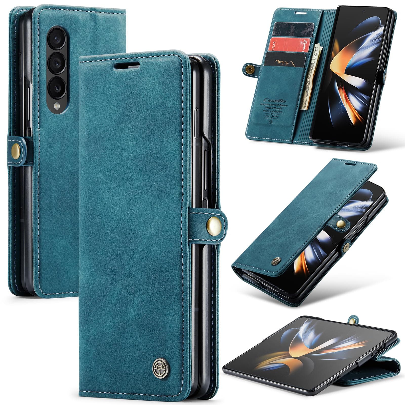 Azororo Cover per Samsung Galaxy Z Fold 4 5G, Premium PU Pelle Custodia, Magnetica Carta Fessura Portafoglio Case, Flip Cavalletto Custodia per Samsung Galaxy Z Fold 4 - Blu verde