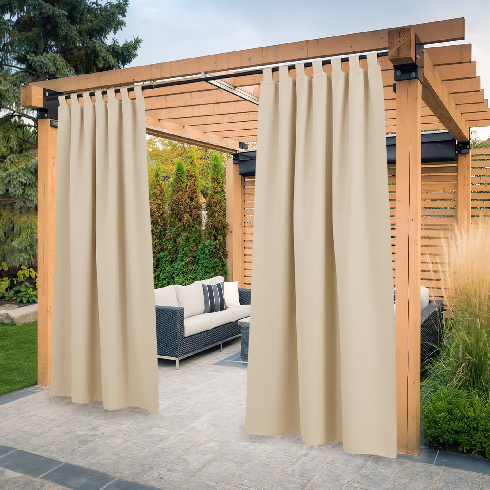 PONY DANCE Cortinas Exterior Terraza Impermeable con Trabillas Adhesivas, Cortinas Opacas Aislantes Luz para Patio/Porche/Jardin/Balcon 2 Piezas,132x274cm(AnxAl),Beige Oscuro