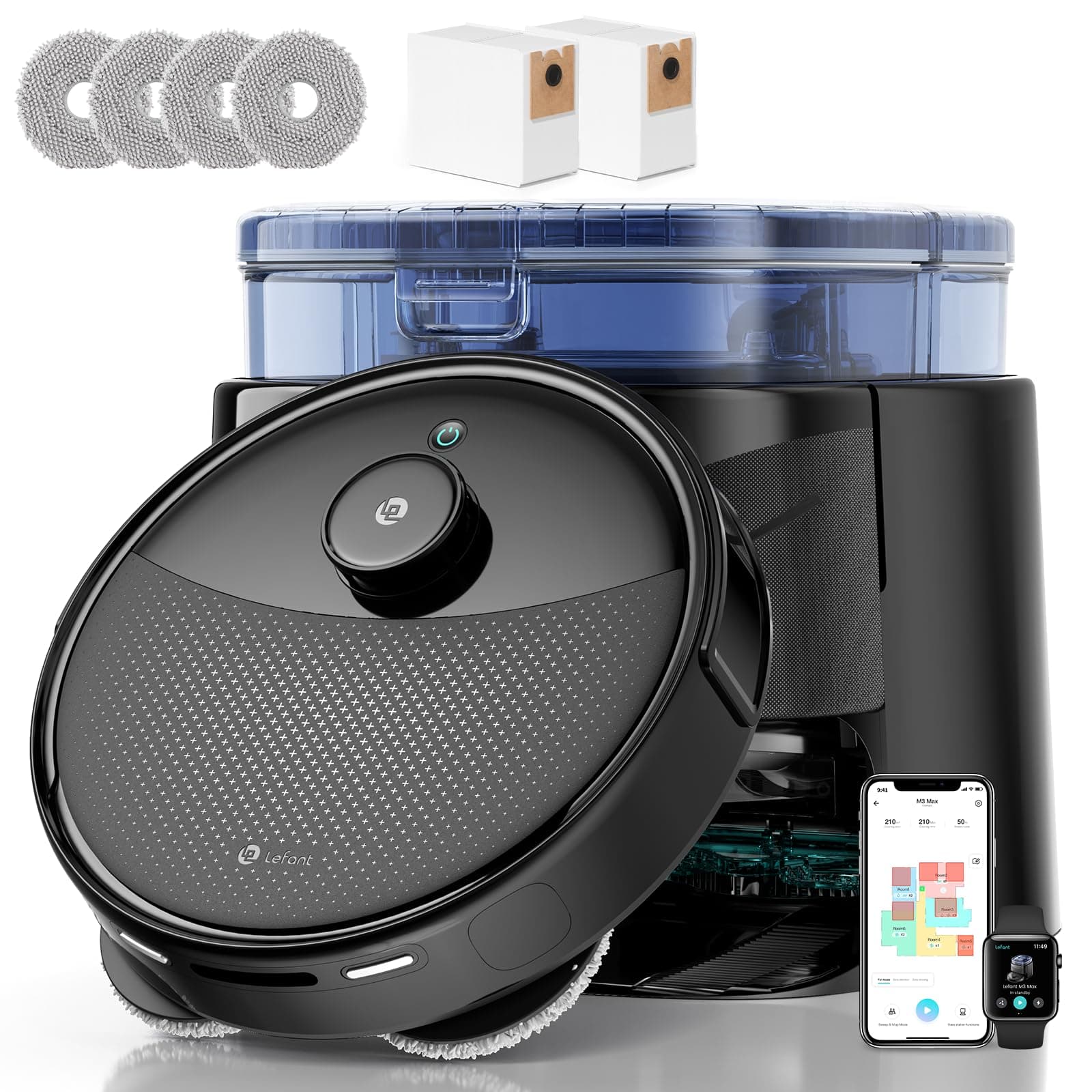 Lefant M3Max Robot Aspirapolvere Lavapavimenti con Mappatura, 20000Pa, 3.2L Auto Svuotamento, Laser dToF, Evitamento PSD, 210 Minuti, Lavaggio Mop a 45°C e Asciugatura, WiFi 2.4G/5G, Alexa/APP