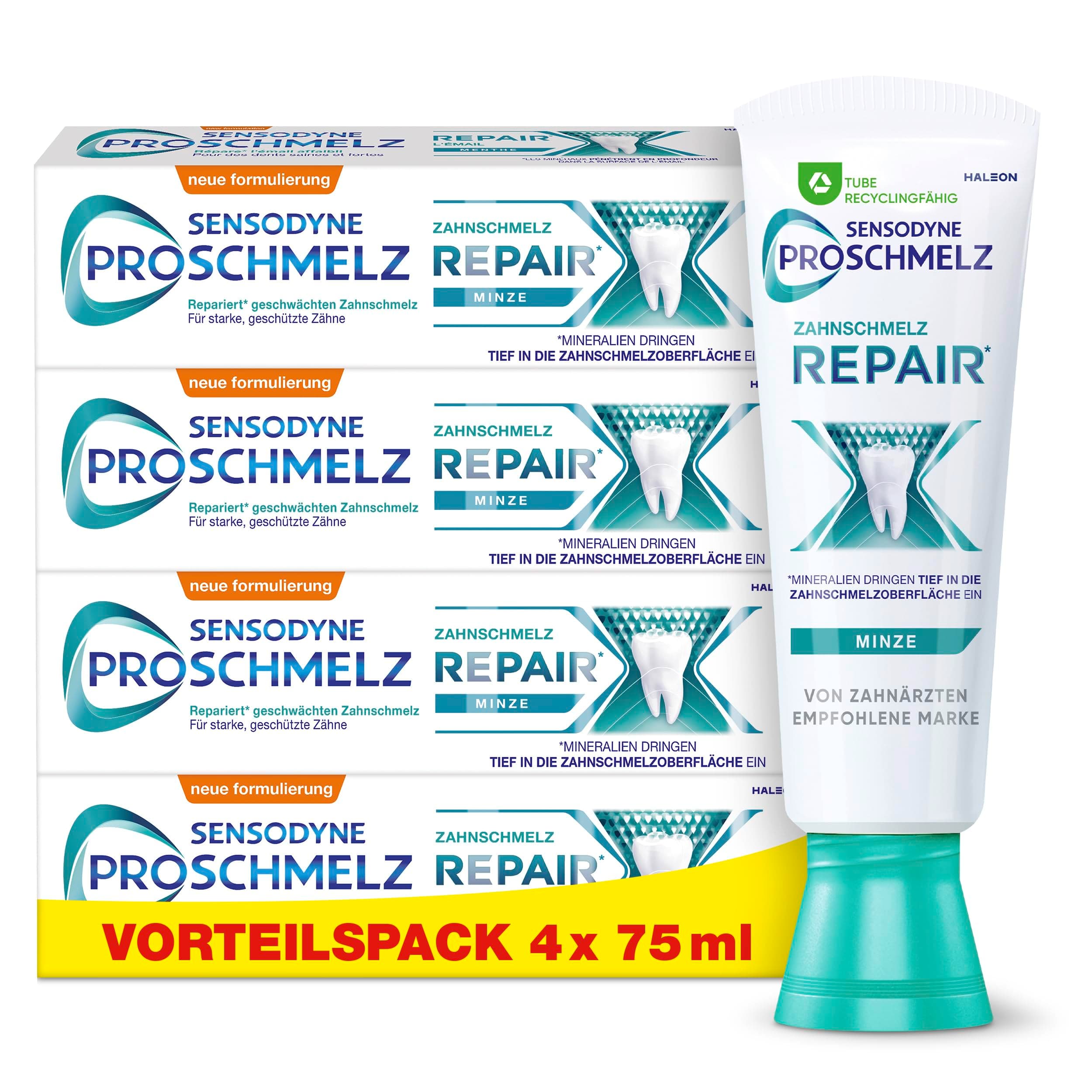 Zahnpasta - Sensodyne ProSchmelz Repair, tägliche Zahncreme mit Fluorid, repariert nachweislich durch Säuren geschwächten Zahnschmelz, 4x75ml