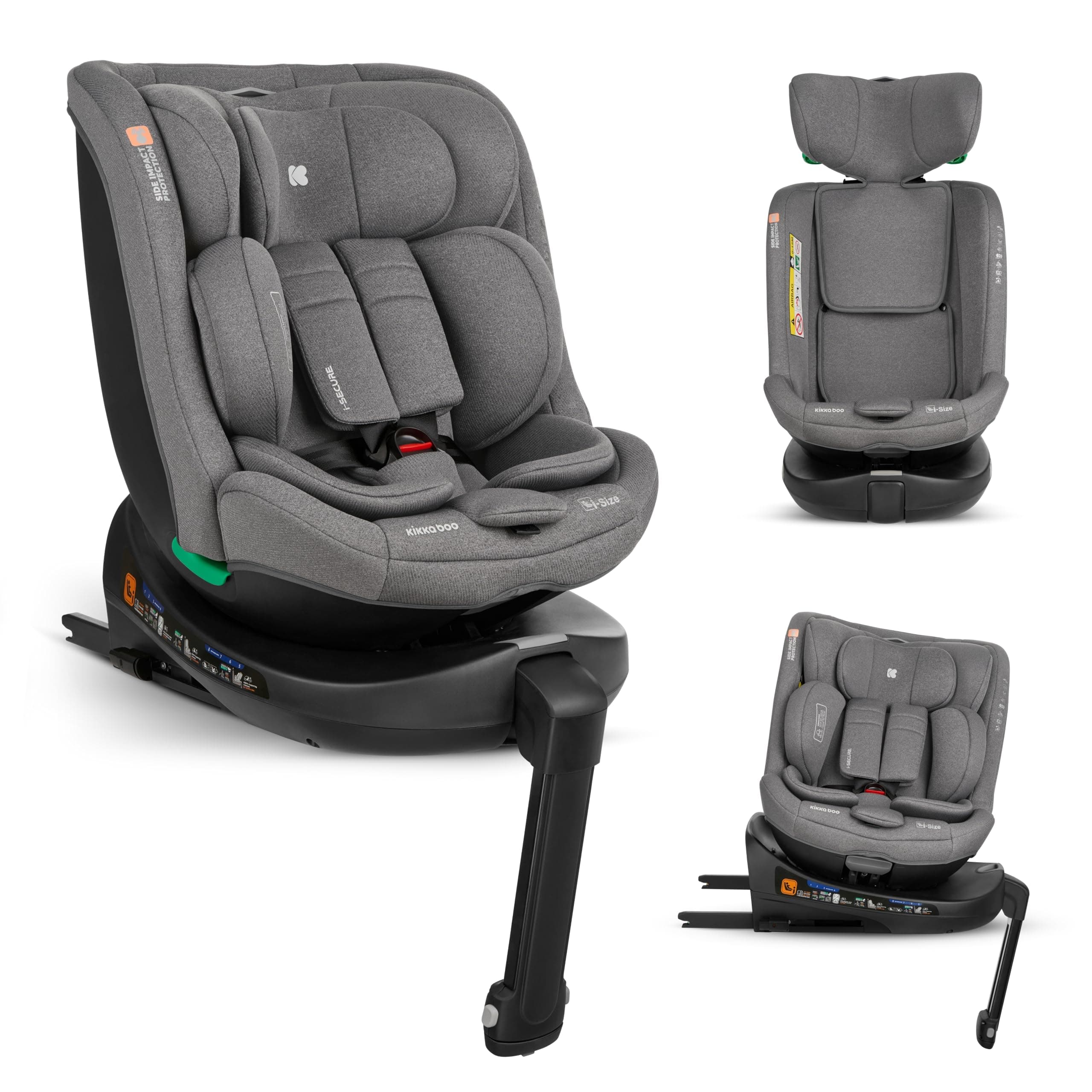 KikkaBoo Seggiolino Auto 0-36 kg i-SECURE, Gruppo 0 1 2 3, ISOFIX, i-Size, Rotante a 360º, 40-150 cm, Da 0 a 12 Anni, 12 Posizioni Poggiatesta, Grigio chiaro