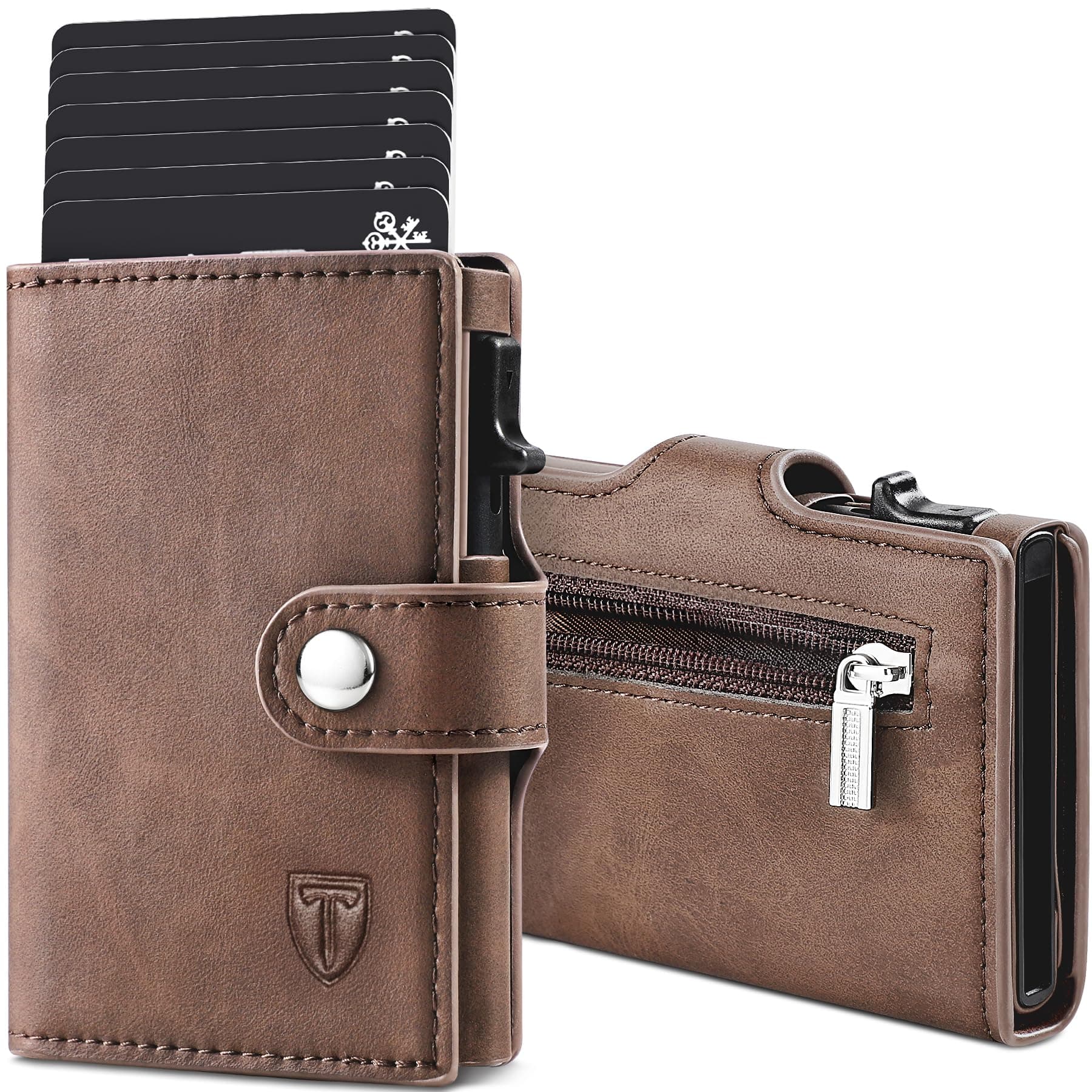 TENBST Cartera Tarjetero con Bloqueo RFID, Automática Pop Up Cartera de Cuero, 8 Ranuras para Tarjetas, Tarjetero Hombre para Crédito, Billetes y Monedas con Caja de Regalo (Marrón)