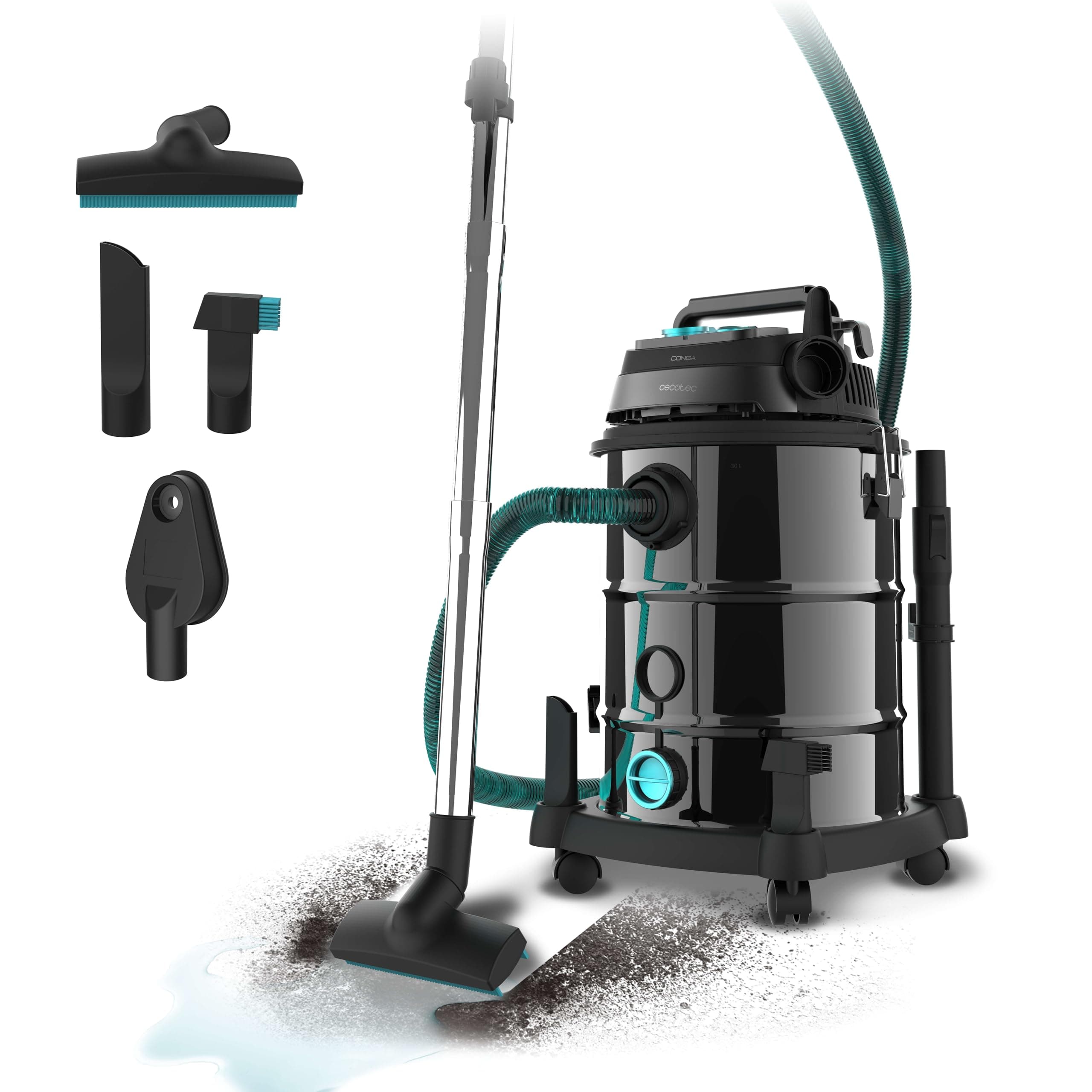 Cecotec Aspirateur Vertical avec Fil 30L Conga Rockstar Wet & Dry Steel Pro Tool. Solides et Liquides Aspirateur 1600W, Durabilité et Résistance, avec Prise, Accessoires
