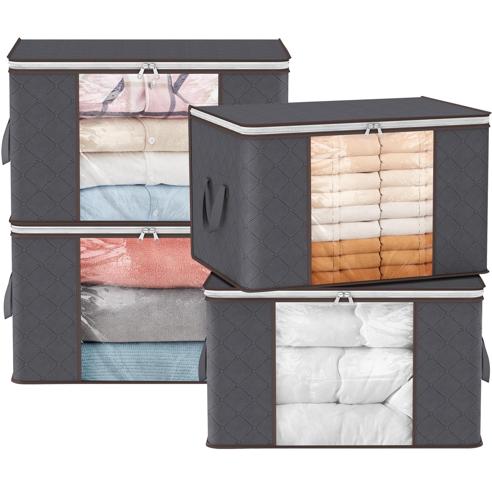 Lifewit 4 Stück 90L Aufbewahrungstasche, Aufbewahrungsbox mit Deckel, Groß Kleideraufbewahrung Umzugskartons, Faltbare Aufbewahrung Boxen für Bettdecken Decken Kleidung Unterbett Kleiderschrank, Grau