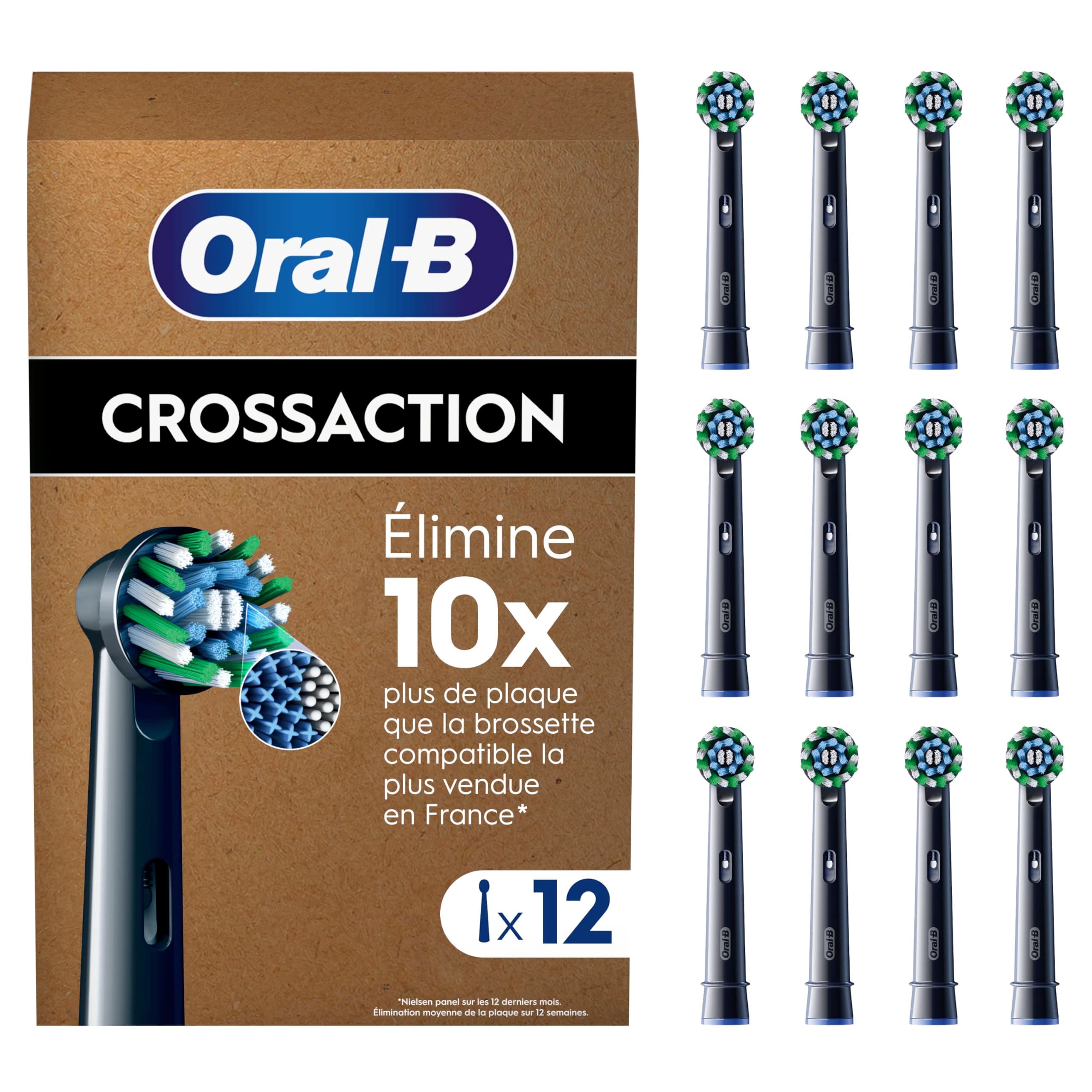 Oral-B Pro Brossettes De Rechange Cross Action ORIGINALES, Lot de 12 Embouts Ronds, Noirs, Compatibles Avec Des Brosses Electriques Oral B Pro, Filaments Pour Eliminer La Plaque Dentaire, En Carton