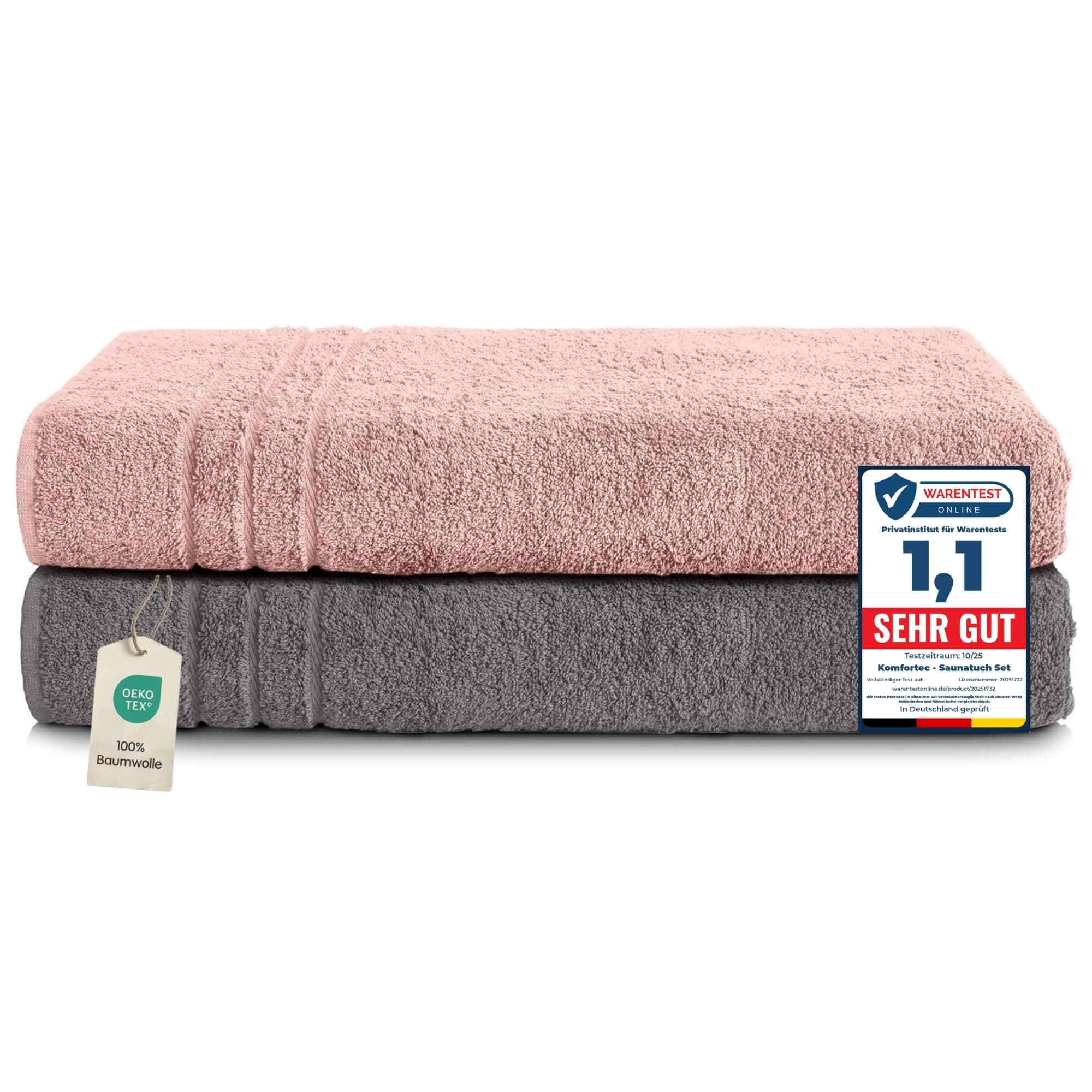 Komfortec Juego de 2 Toallas de Sauna 80x200 cm, 100% Algodón | Toallas Grandes, Suaves y Muy Absorbentes, Secado Rápido, Certificación OEKO-TEX, Antracita / Rosa