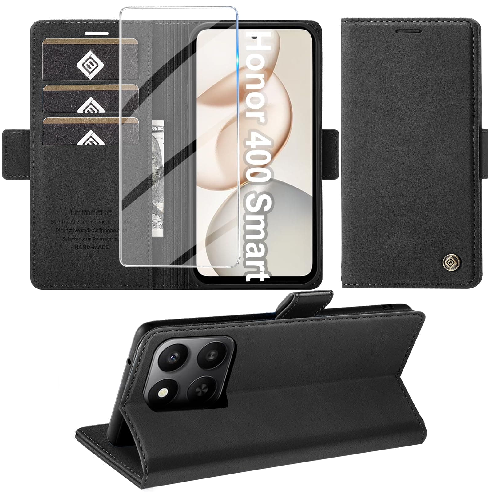 Giyer Cover per Honor 400 Smart Custodia con Vetro Temperato, Premium Pelle PU Portafoglio Slot per Scheda RFID Antifurto Funzione Supporto Flip Case, Antiurto per Honor 400 Smart 5G Cover (Nero)