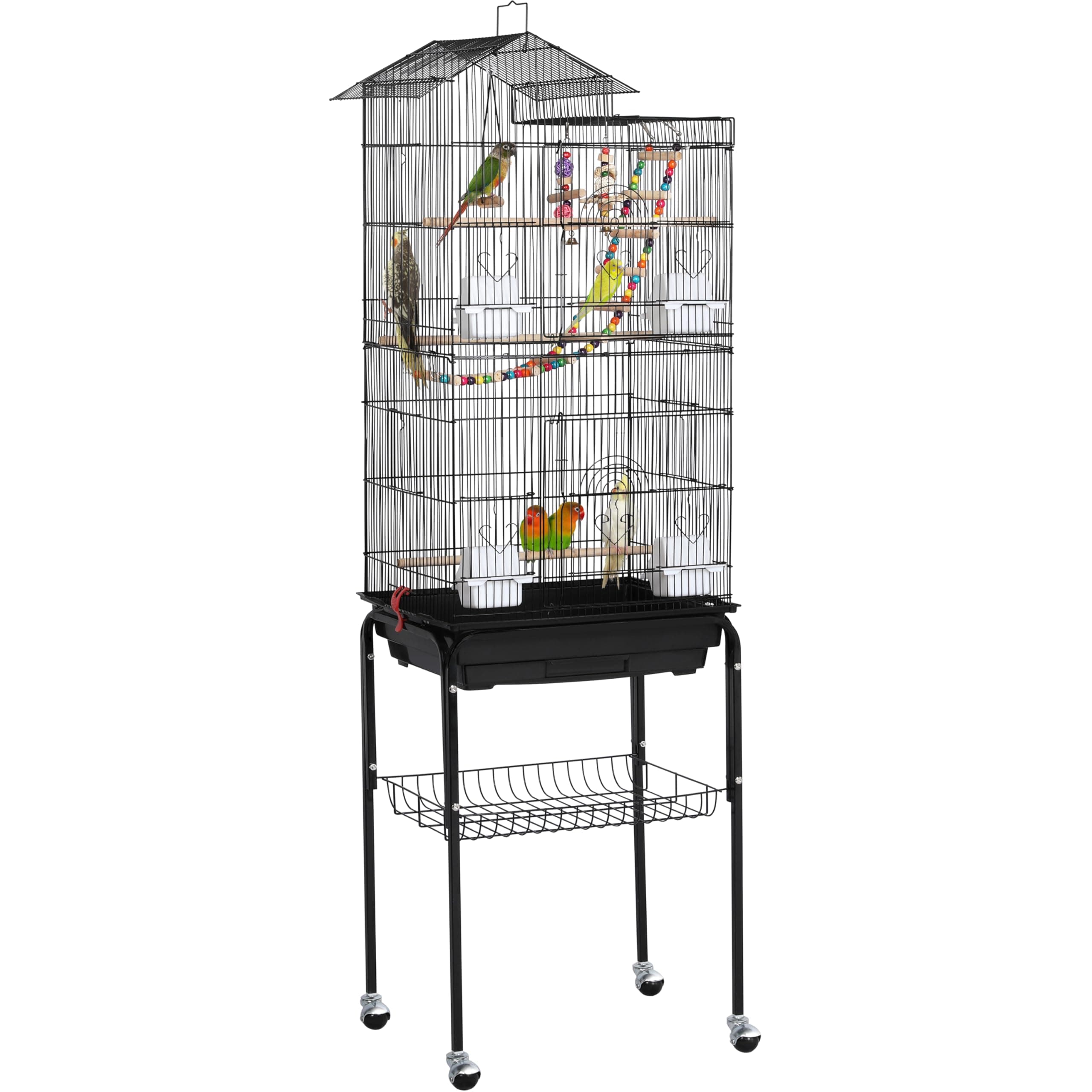 Yaheetech Gabbia Voliera per Uccelli Pappagalli Calopsite Inseparabili con Piedistallo Ruote in Metallo Posatoi in Legno Giocattoli da Interno e Esterno Nera 46 x 35,5 x 158,5 cm