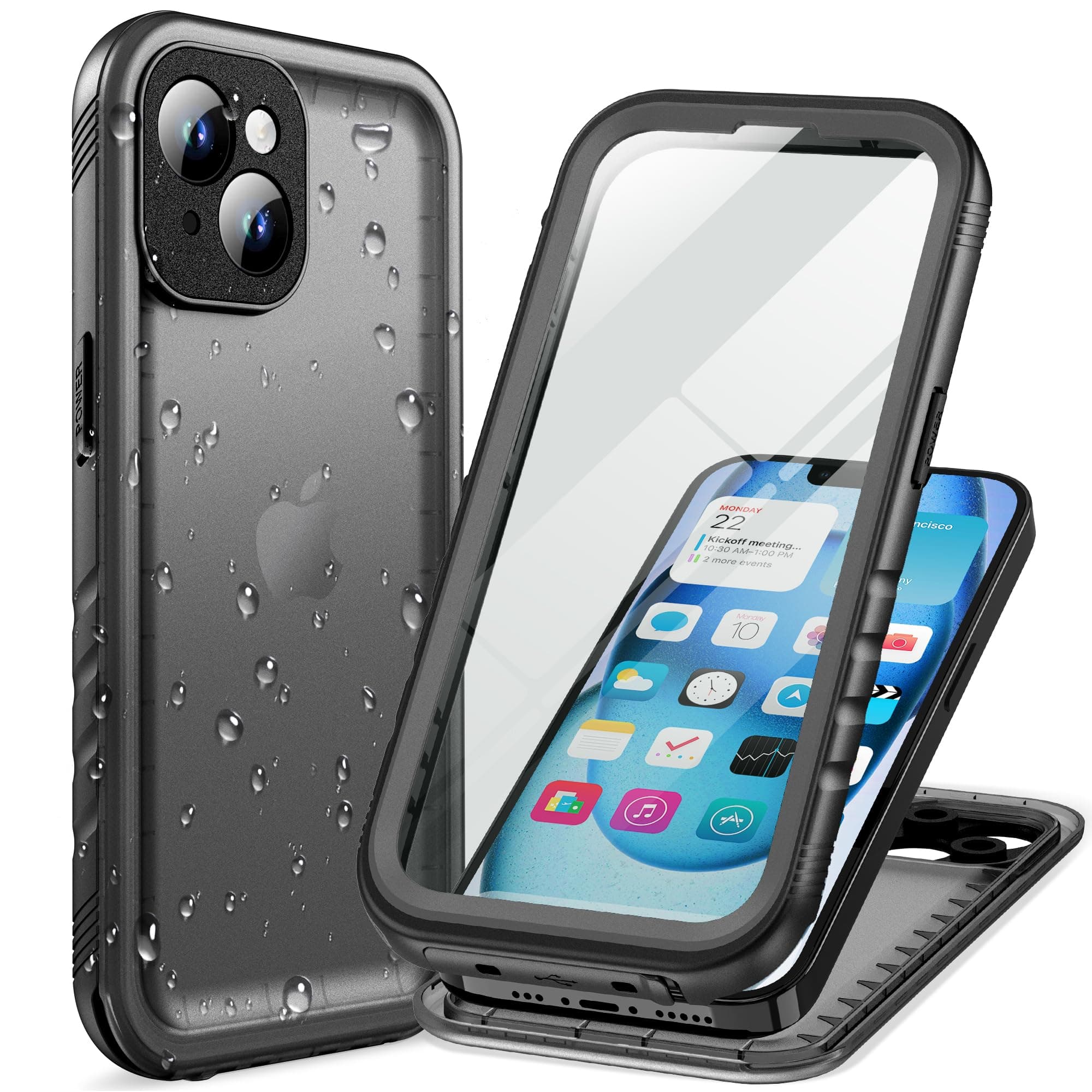 Cozycase Coque Top Antichoc IP68 Etanche pour iPhone 15 Plus Militaire 360 Intégrale Anti Choc Shock-Proof Eau Protection Incassable Double Chantier Waterproof Full Case pour iPhone 15 Plus, Noir