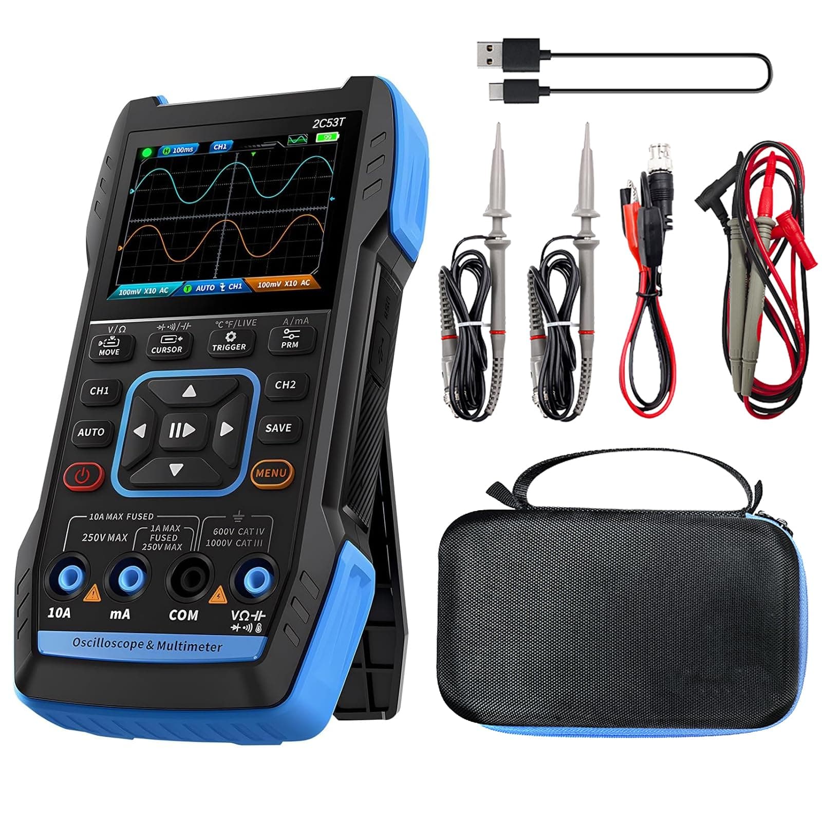 Multimètre Oscilloscope portable 3-en-1 2C53T amélioré avec 2 canaux, bande passante 50 MHz et taux d'échantillonnage 250 MS/s, générateur de signal TRMS 19999 Counts, 13 formes d'onde pour test de