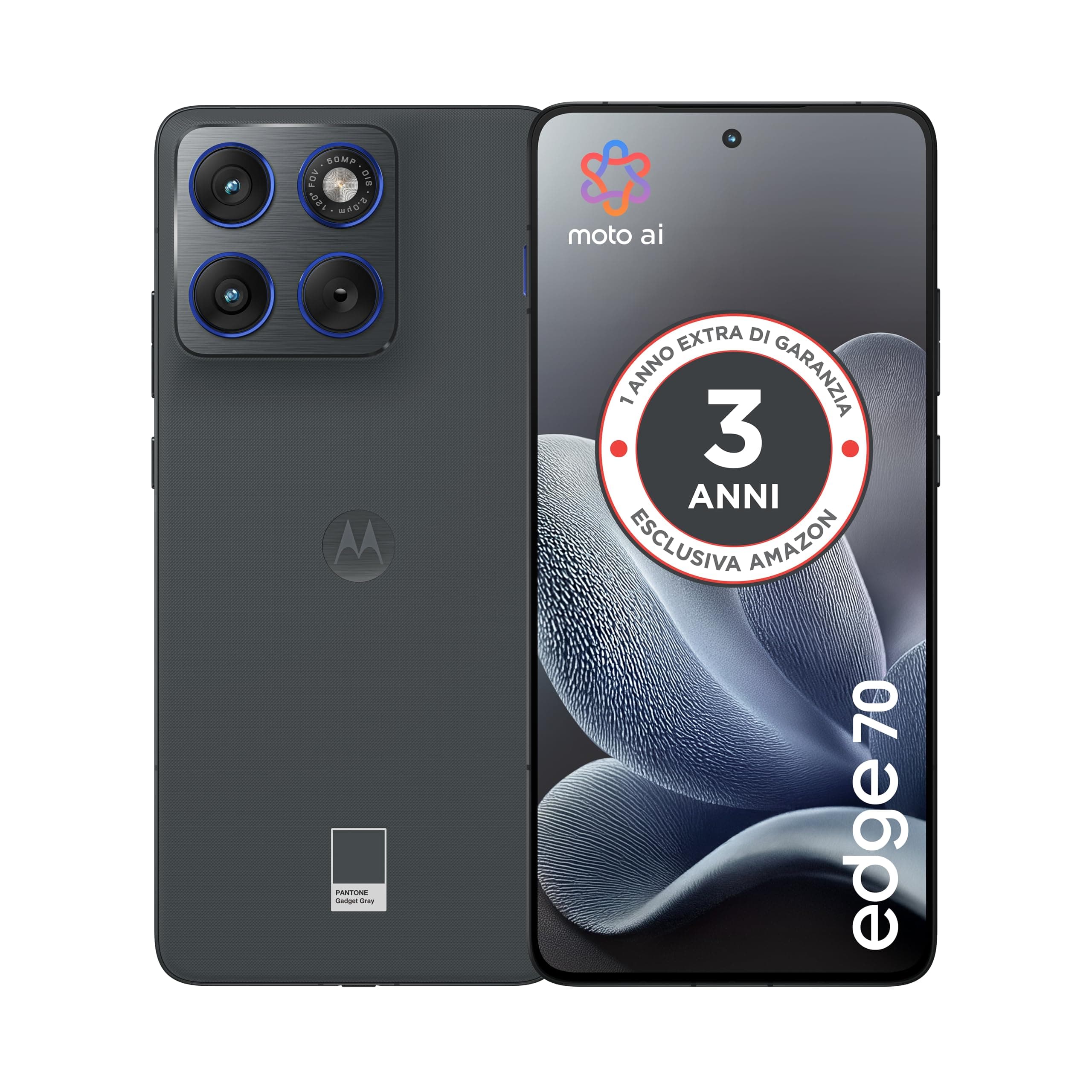 Motorola edge 70 con 3 anni di garanzia(8/256GB, Tripla 50MP, selfie 50MP, ultra sottile 5.99mm, 4800mAh Silicon-Carbon, Display 6.67" Super HD 120Hz, TurboPower 68W, Android 16) PANTONE Gadget Grey