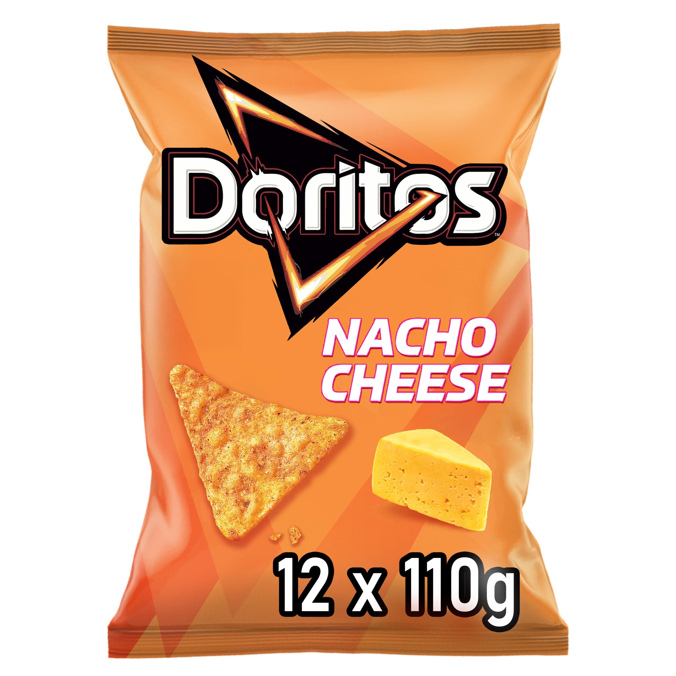 Doritos Nacho Cheese -Tortilla Nachos mit Käse Geschmack - Herzhafter Snack zum Knabbern aus Mais (12 x 110g) (Verpackungsdesign kann abweichen)