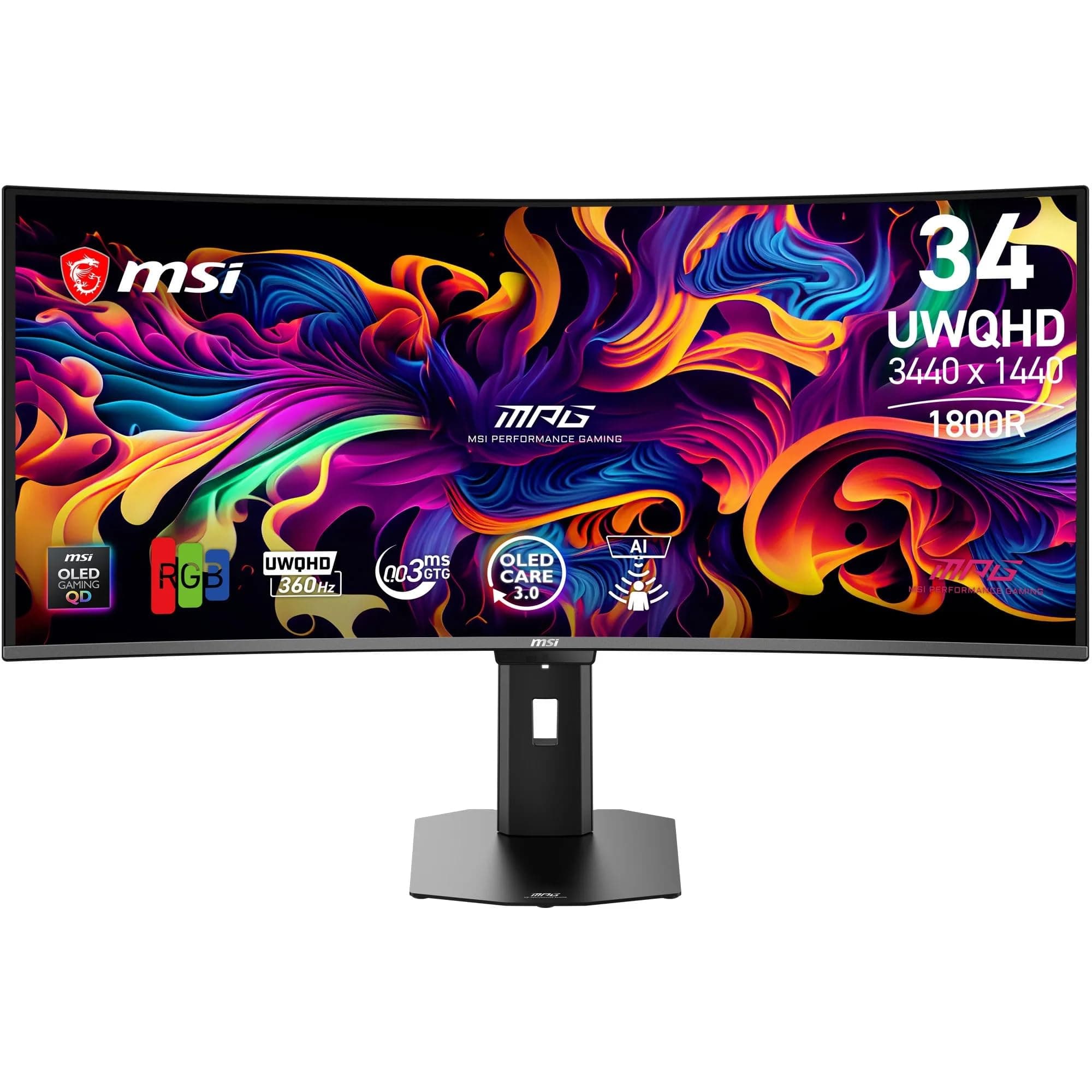 MSI MPG 341CQR X36 - Monitor Gaming 34" UWQHD (3440 x 1440, 1800R), 5ª Gen QD-OLED, 360Hz, 0,03ms, HDR Customization, Adaptive-Sync, KVM, HDMI 2.1, DP 2.1, USB-C (98 W PD), AI Vision, Negro