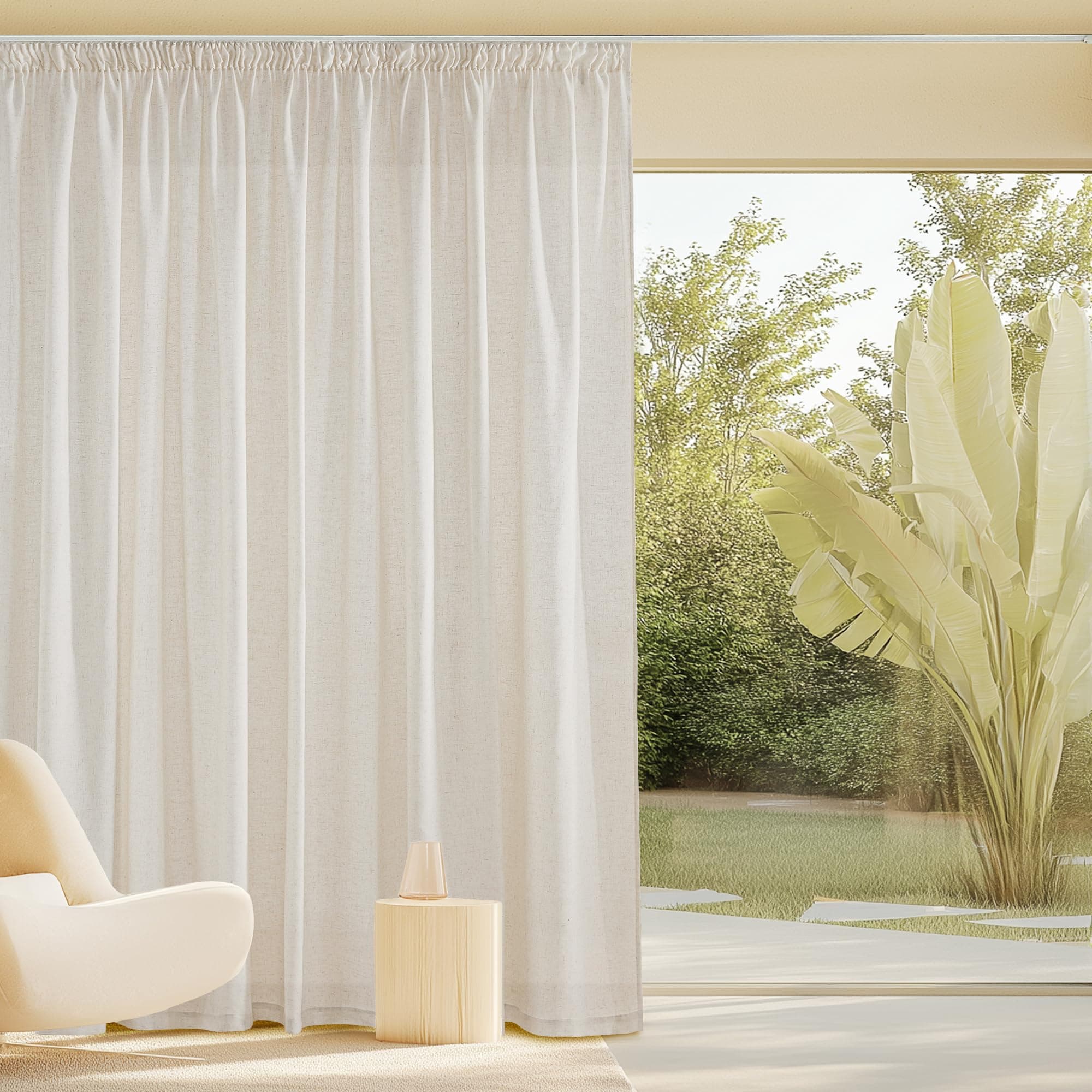 PONY DANCE Vorhang Leinen Kräuselband Extra Breite Gardine für Wohnzimmer 1er Set H 245 x B 300 cm Beige, Boho Gardinen Leinenoptik Halbtransparent Linen Curtains with Rail Hooks