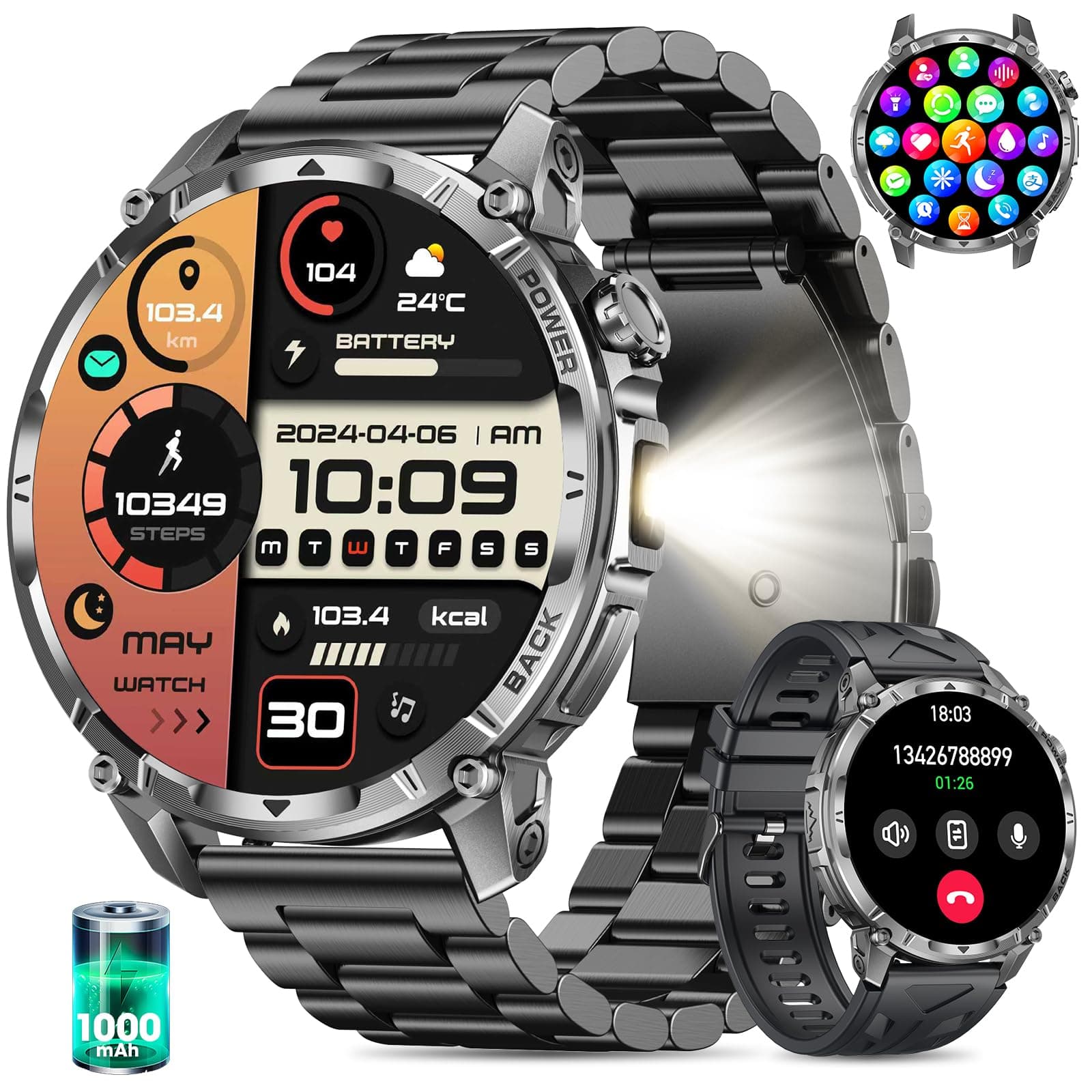 Reloj Inteligente Hombre 1,7'' pantalla táctil Smartwatch Hombre Linterna 100 Días de Batería Llamadas Bluetooth 120+ Modos Deportivos Pulsómetro Monitor de Sueño IP68 iOS Android (Acero Negro)