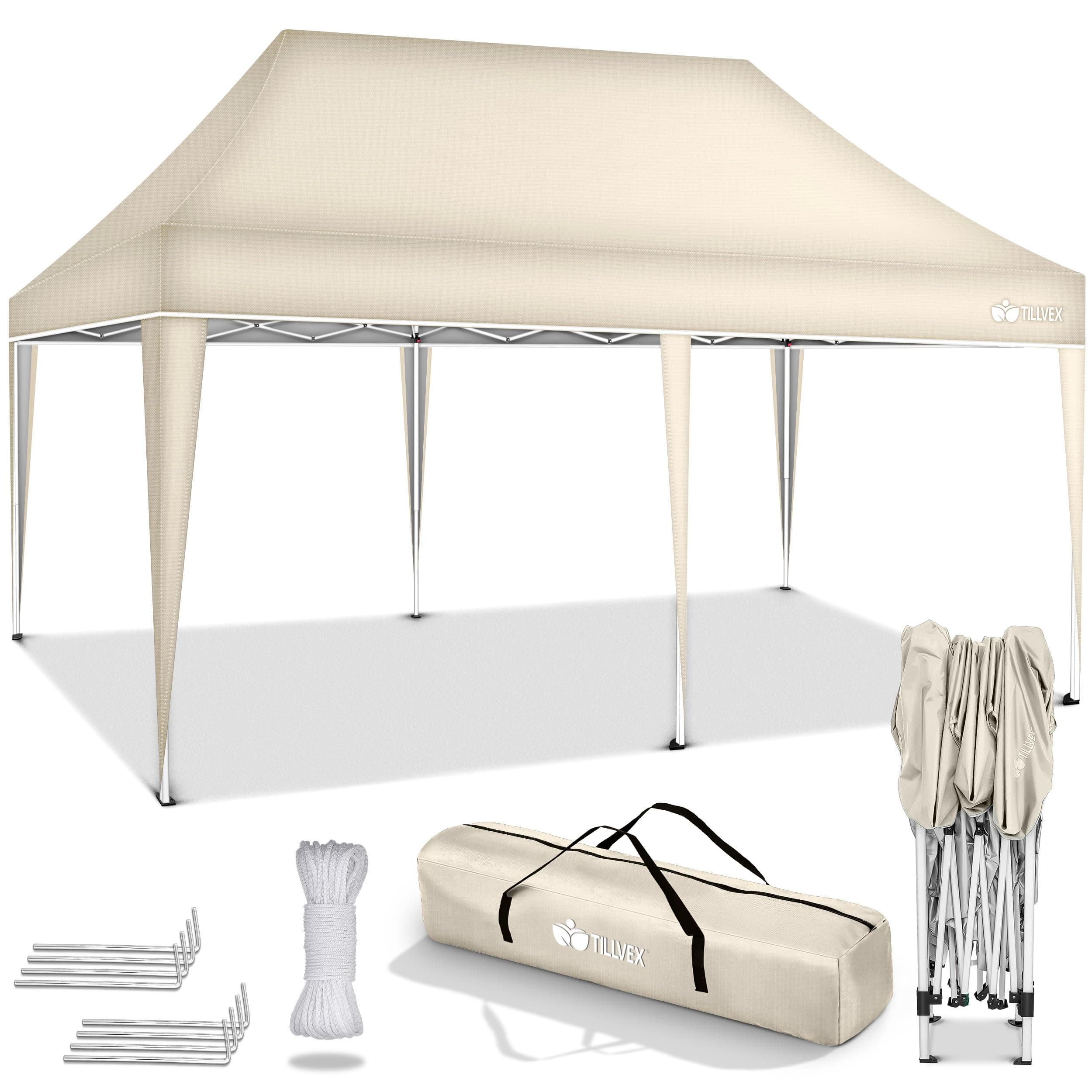 tillvex Gazebo 3x6m da Giardino | Gazebo pieghevole regolabile in altezza | Tenda Pop up impermeabile da protezione UV 50+ | Tenda Padiglione + Sacca di Trasporto (Beige - senza pannelli laterali)
