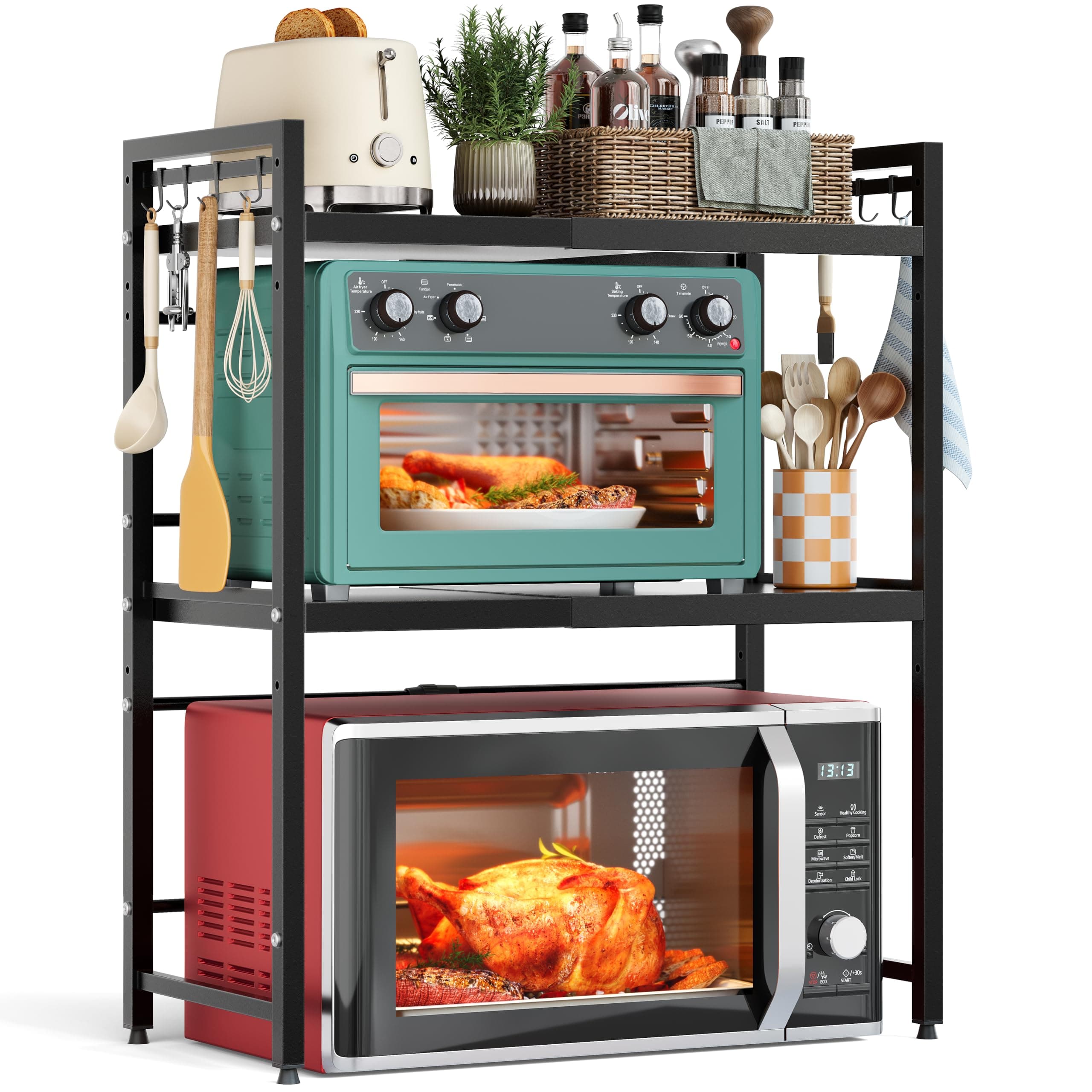 NETEL Soporte Extensible para microondas de 3 Niveles, Estante microondas encimera Ajustable, Soporte de Horno de Cocina, estanteria Cocina encimera, Organizador microondas con 8 Ganchos, Negro