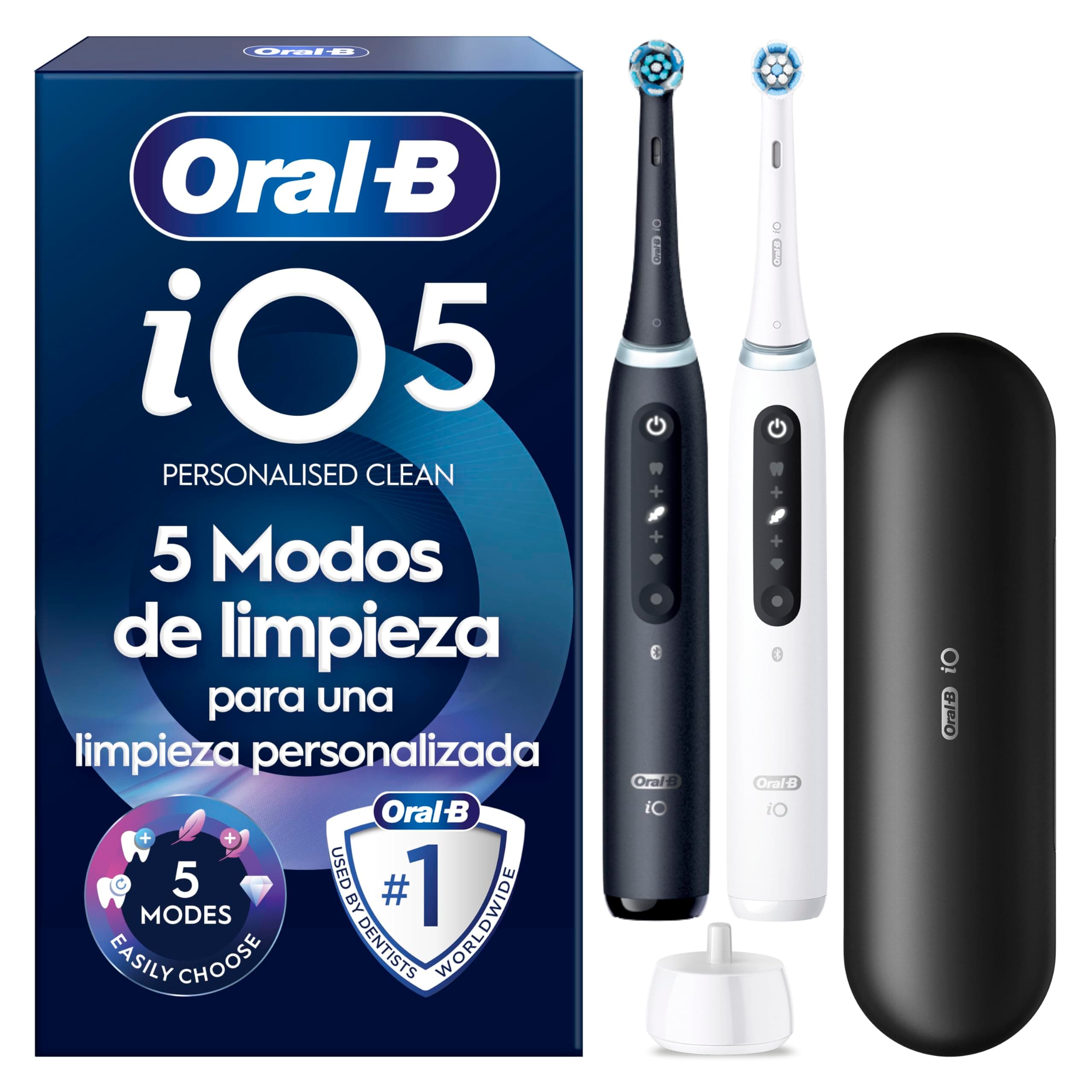 Oral-B iO 5N Pack de 2 Cepillos de Dientes Eléctricos Negro y Blanco Con Mango Recargable, 2 Cabezales y Estuche De Viaje, 5 Modos De Cepillado, Sensor De Presión, Diseñado por Braun