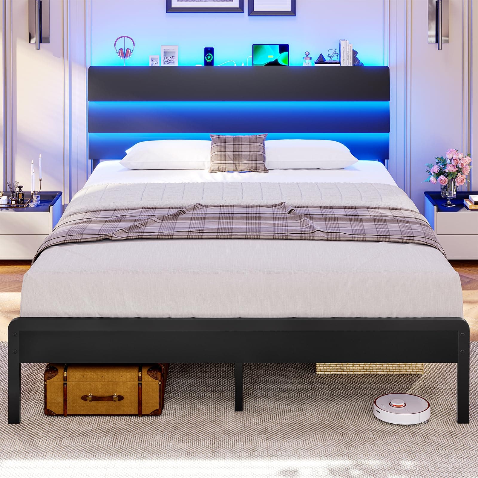 KIMENICH Lit 140x190 avec Sommier Métal, Lit Double avec 3 Rubans LED Réglables et Multiprise, Cadre de Lits avec Étagère Ouverte et Rangement sous Le Sommier 140x190, sans Matelas, Noir