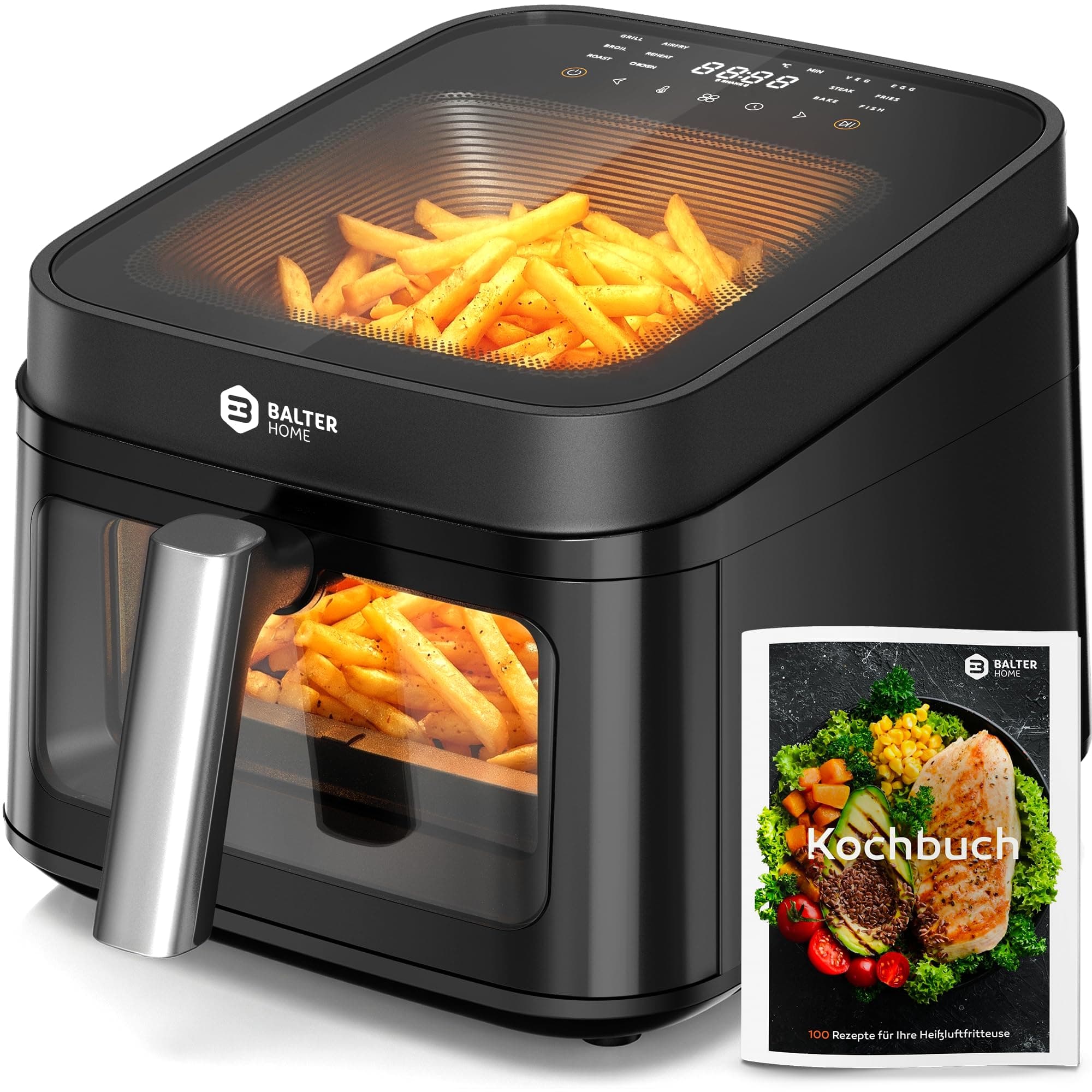 Balter Heißluftfritteuse Airfryer, 6,5 L, Friteuse Heissluftfritteuse XXL mit Sichtfenster, 12 Programme, all-in-1 Air Fryer, inkl. 100 Rezepte, HL-651T