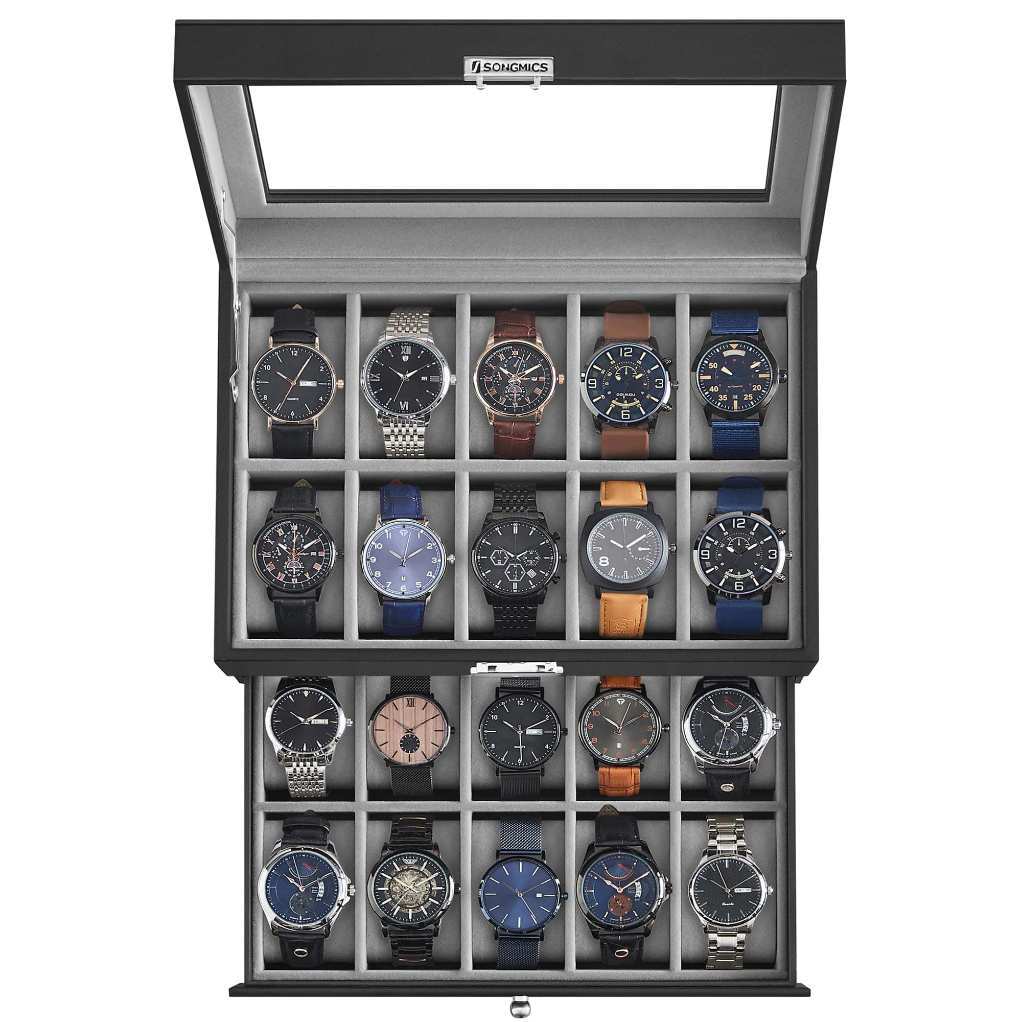 SONGMICS Uhrenbox, Uhrenkasten mit Glasdeckel, 2 Ebenen, Uhrenkoffer mit herausnehmbaren Uhrenkissen, Uhrenschatulle, Geschenkidee, PU-Bezug in Schwarz, Samtfutter in Grau JWB020
