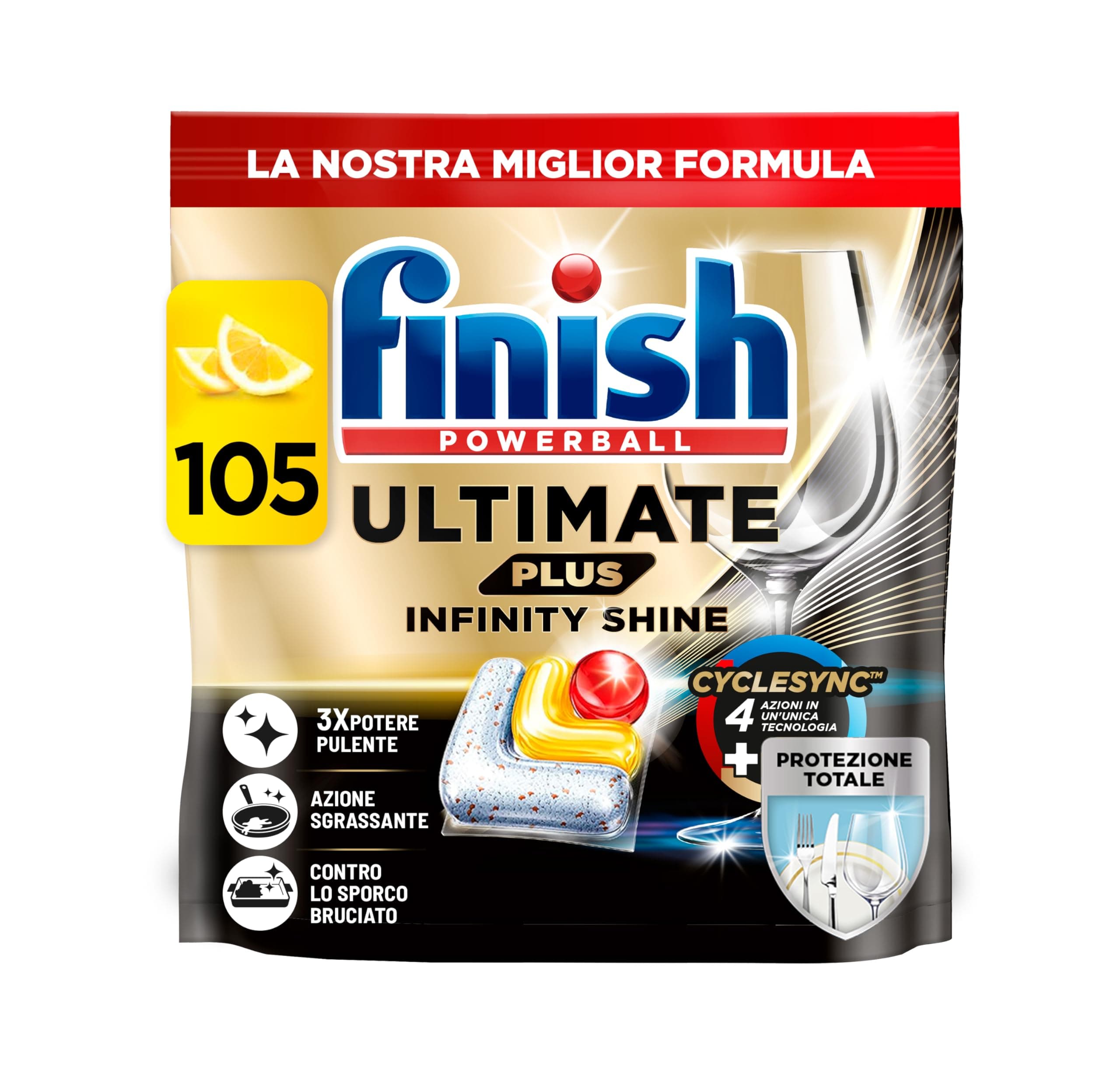 Finish Ultimate PLUS Infinity Shine Pastiglie Lavastoviglie al Limone, 105 Capsule con Scudo Protettivo contro lo Sporco e i Residui Incrostati