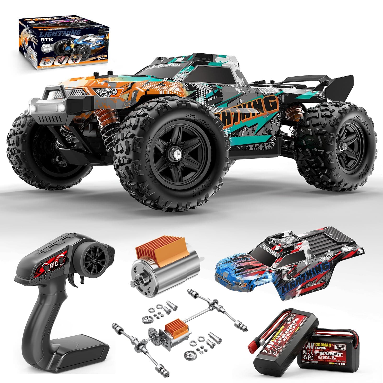 Womaqu Voiture Télécommandée 1:18 4WD 40 km/h Tout Terrain 4x4, Voiture RC avec 2 Batteries 7.4V 1300mAh, ESC Étanche 2.4GHz, Double Carrosserie, Transmission Métal, pour Adulte et Enfant