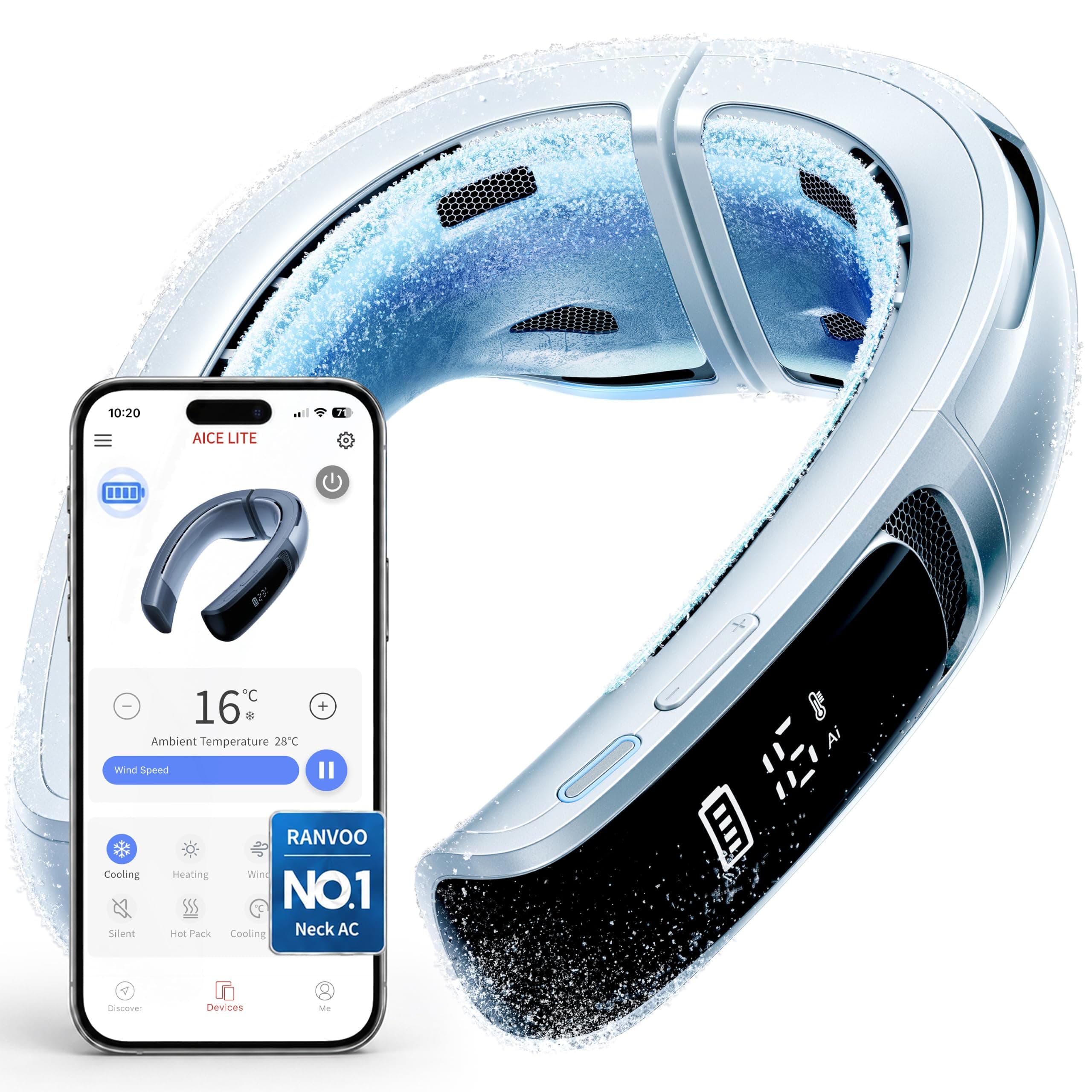 RANVOO AICE LITE MAX 2026 Aire Acondicionado de Cuello con IA, Enfriamiento Real Rápido, Ventilador de Cuello Recargable 6000mAh, Flujo de Aire 720°, Regalo de Verano para Mamá, Blanco Ártico