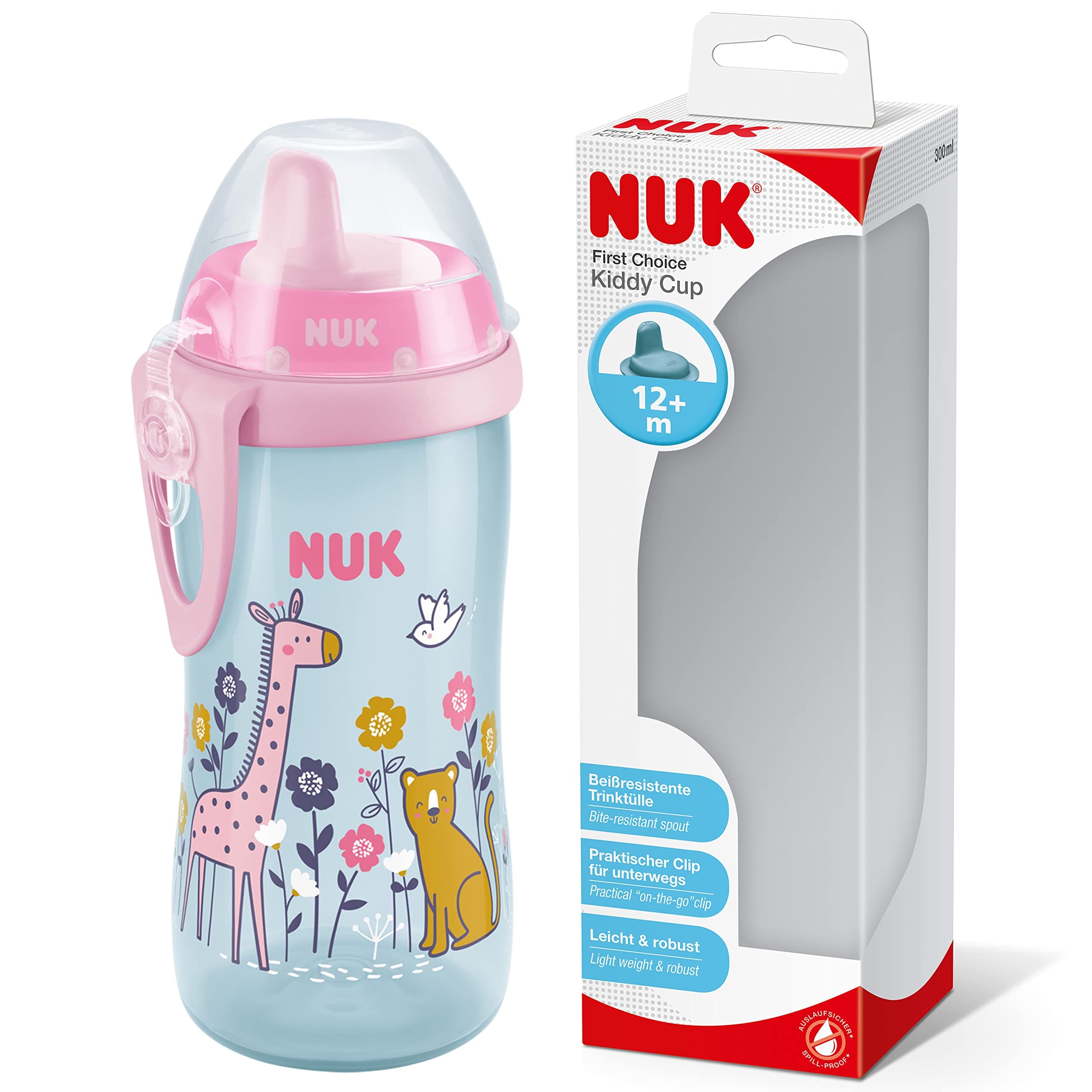 NUK Kiddy Cup Kleinkind-Becher | 12+ Monate | 300 ml | Auslaufsicheres, verstärktes Mundstück | Clip & Schutzkappe | BPA-frei | Pink