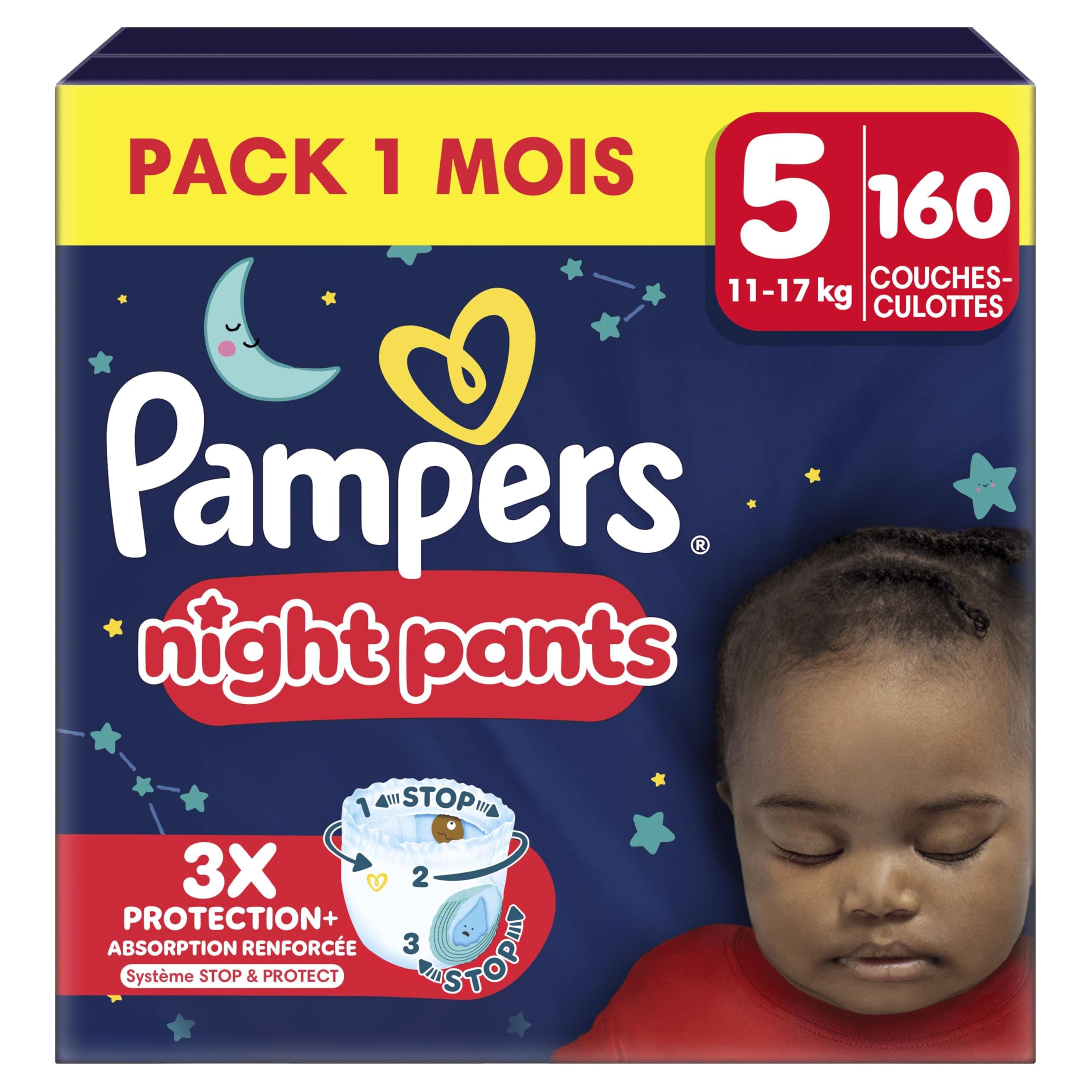 Pampers Night Pants, Taille 5, 160 Couches-Culottes, 11-17kg, Maintien 360° Contre Les Fuites Avec Un Cœur Super Absorbant Pour Une Protection Renforcée Toute La Nuit, Pack 1 Mois