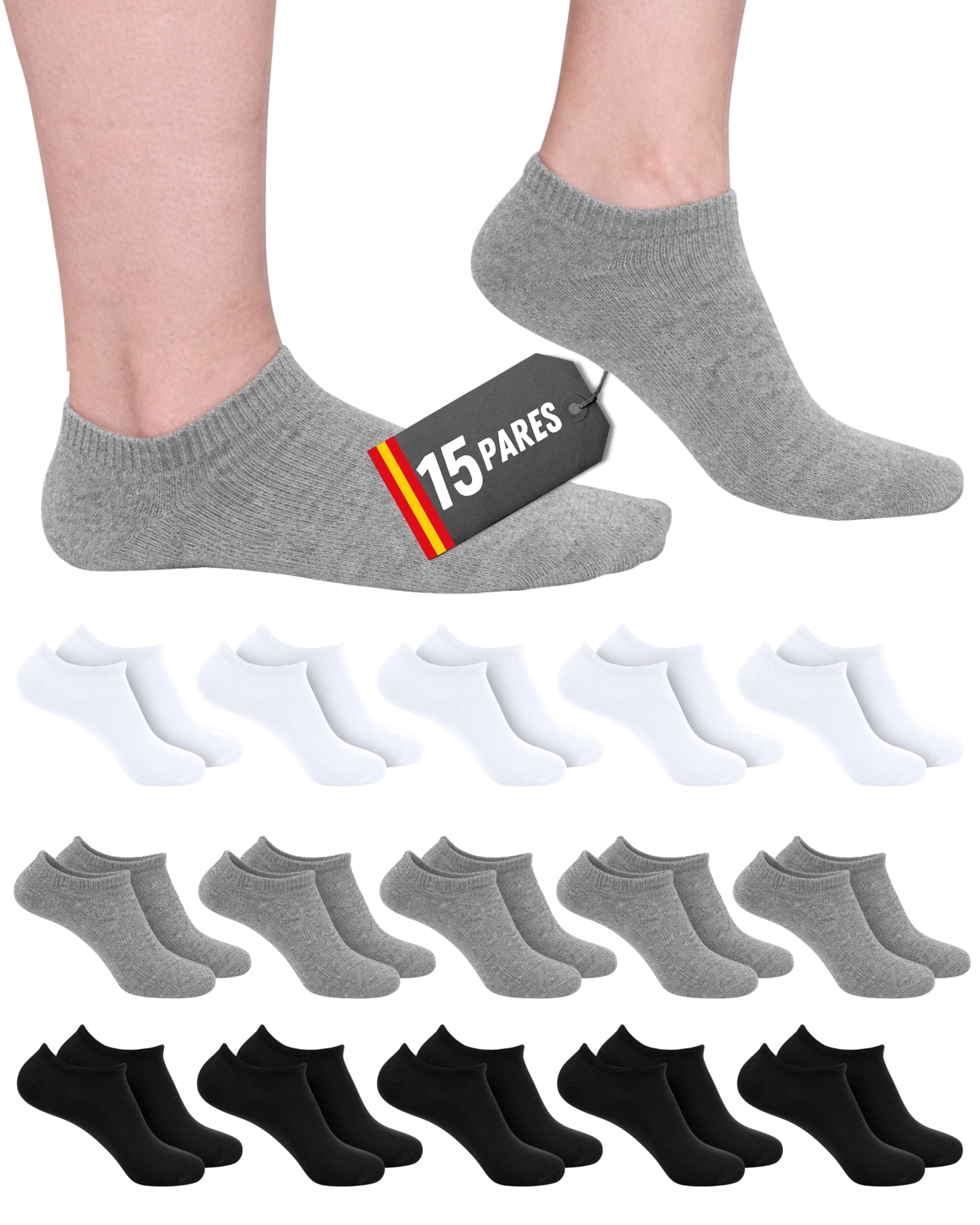POPYS® 9/15 Pares Calcetines cortos Unisex de Algodón con 200 Hiladas | Calcetines Tobilleros Hombre y Mujer para el día a día.