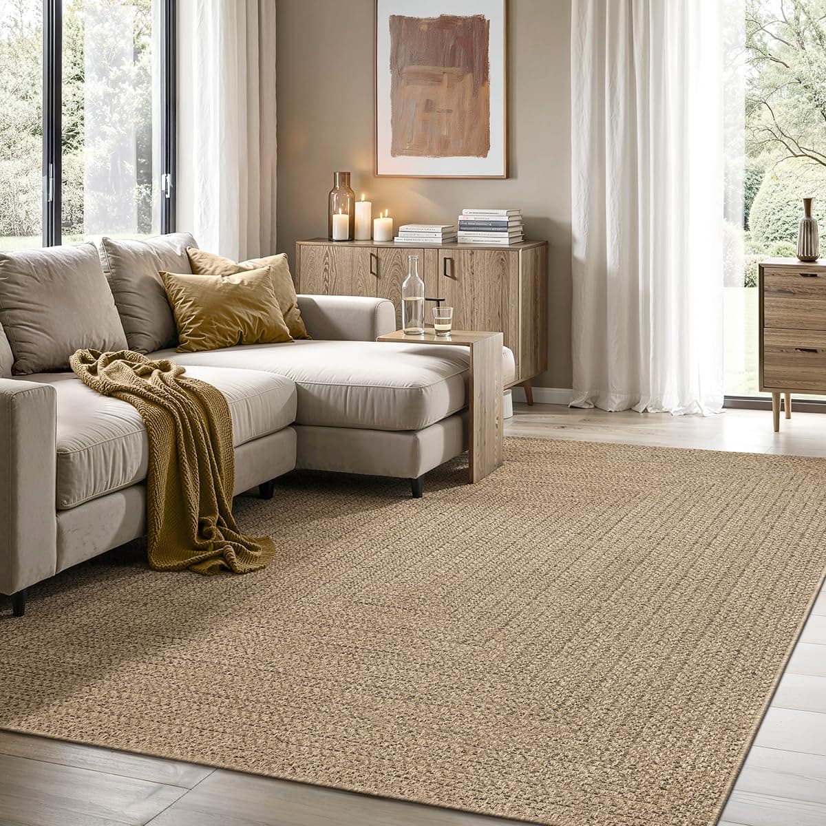 the carpet Kansas - Alfombra para Exterior e Interior con Aspecto de Yute Natural, Resistente a la Intemperie, Apta para Patio y jardín, Naturaleza, 200 x 290 cm