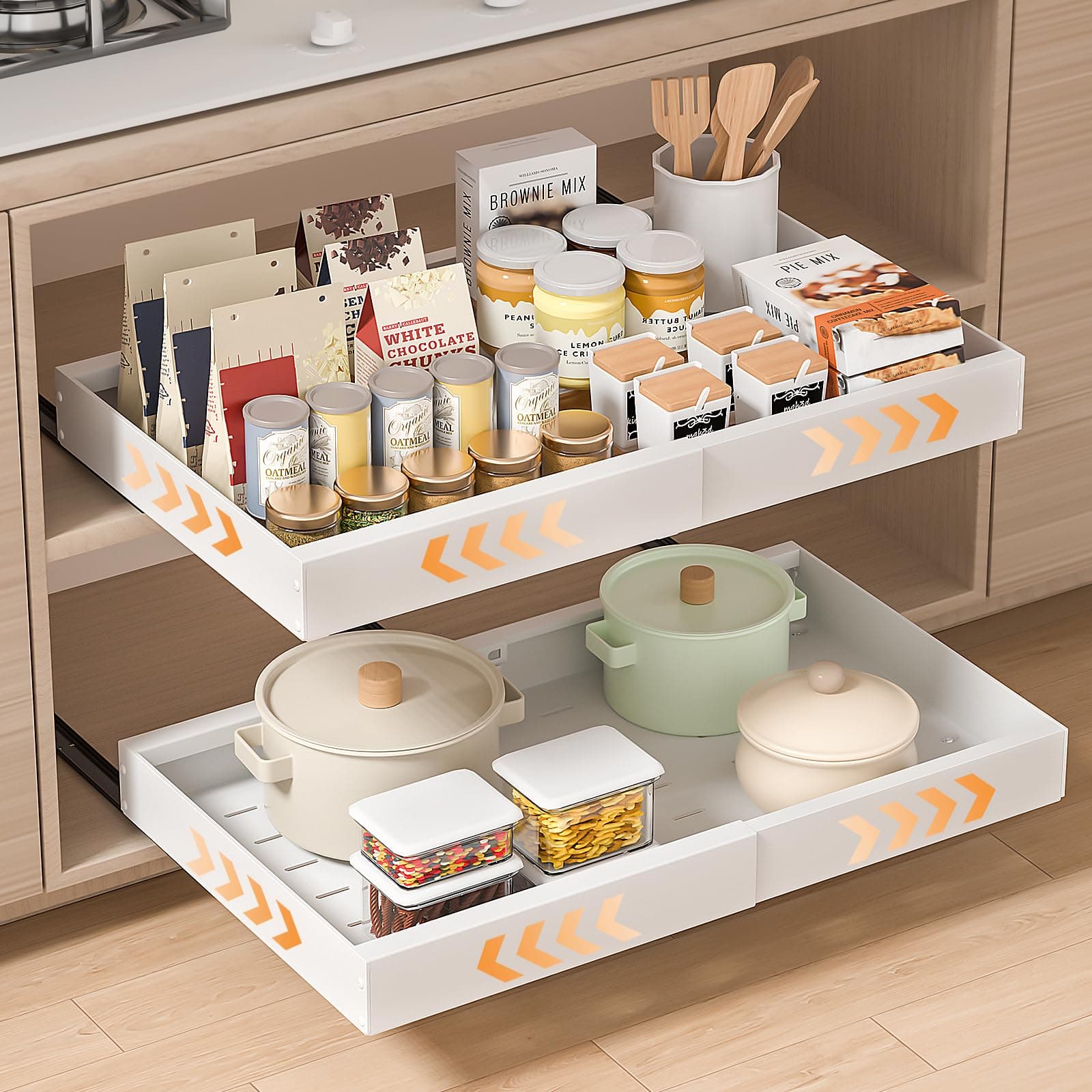 Paquete de 2 Cajones Extraibles para Cocina: Bandeja Armario Telescópico Adhesivos - Organizador Armario de Ancho Ajustable (32-53cm) Para Almacenaje y Organizador en Hogar - Sin Taladrar | Blanco