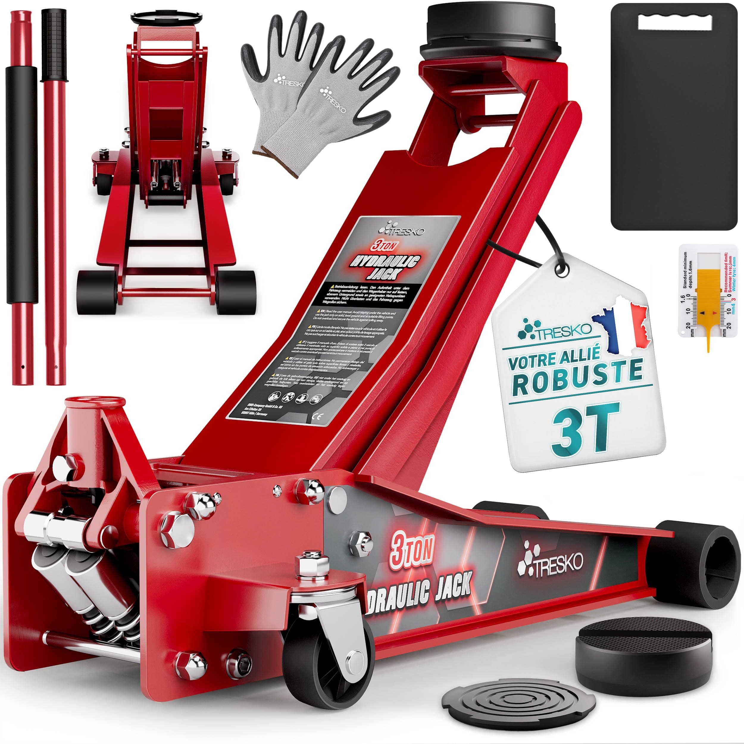 TRESKO Cric hydraulique 3 T - Hauteur de levage 75 à 510 mm - Cric hydraulique plat double piston et roulettes à 360° avec 2 patins en caoutchouc, tapis de protection, gants (rouge, 3 tonnes)