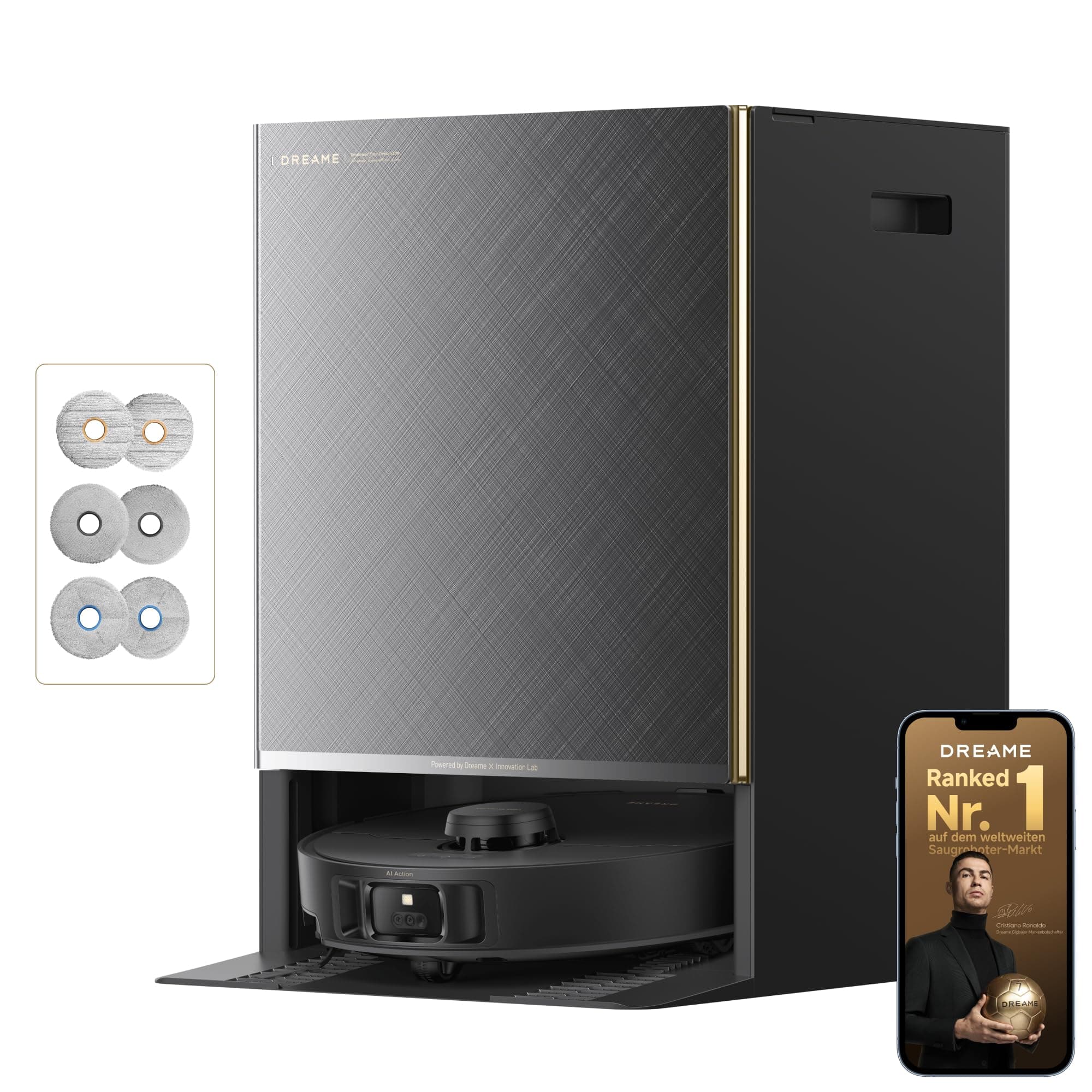 dreame Matrix10 Pro Saugroboter m. Multi-Wischmopp-Wechseldock, 30.000 Pa | Fach für drei Lösungen, verhedderungsfrei, 4 cm Hindernisüberwindung, 280 Objekttypen, Sprachsteuerung